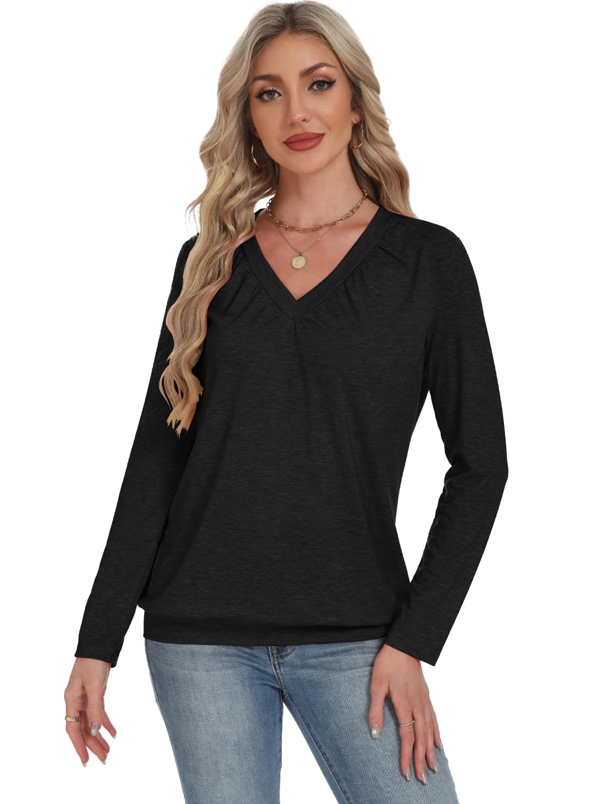 AIZHINENG 2 Pack Women Tops Long Sleeve Shirts V Neck Loose Fit Soft Casual Solid Color T-Shirts Fall Clothing