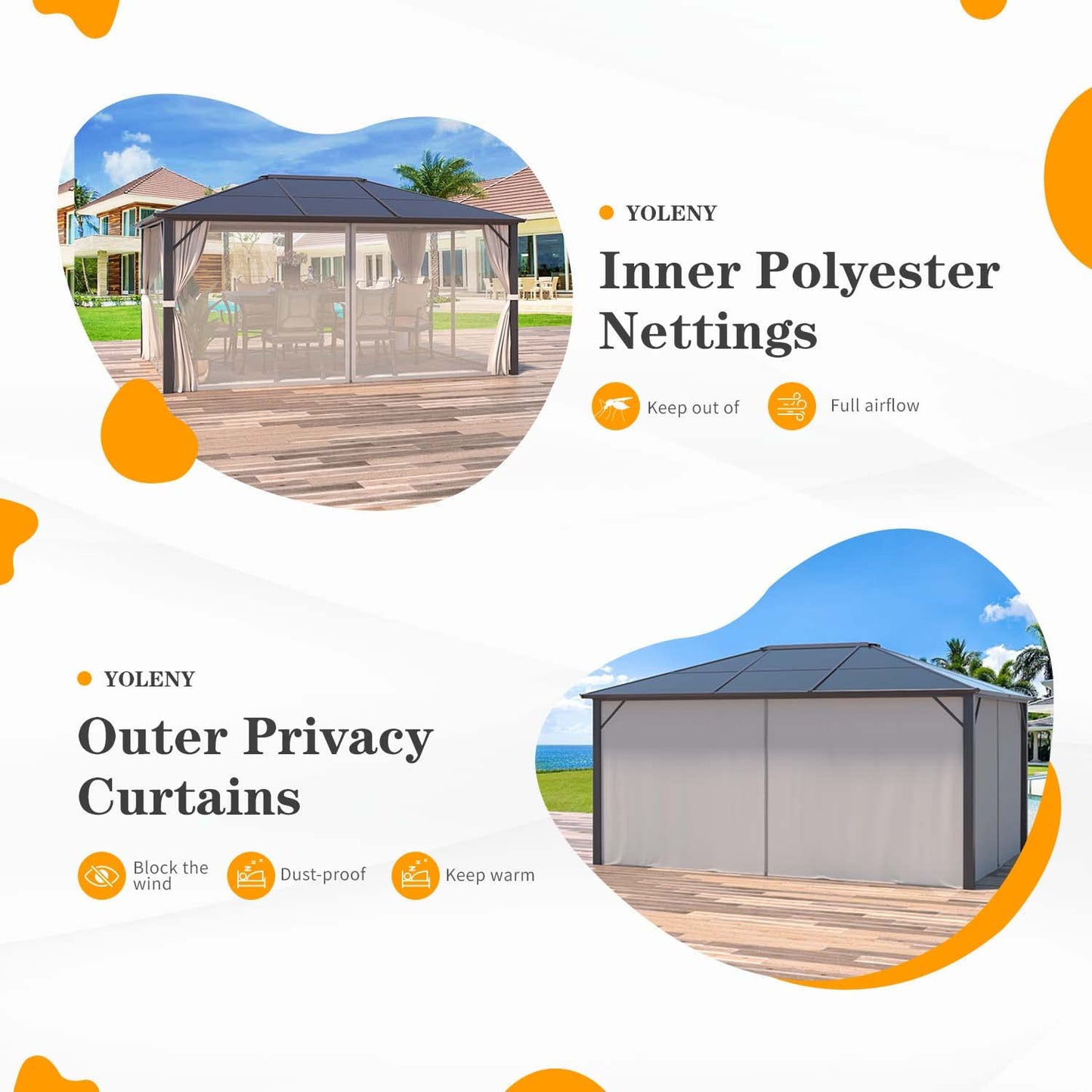 YOLENY 10'x12' Hardtop Gazebo, Outdoor Polycarbonate Roof Canopy, Aluminum Frame Permanent Pavilion with Curtains and Netting, Sunshade for Garden, Patio, Lawns