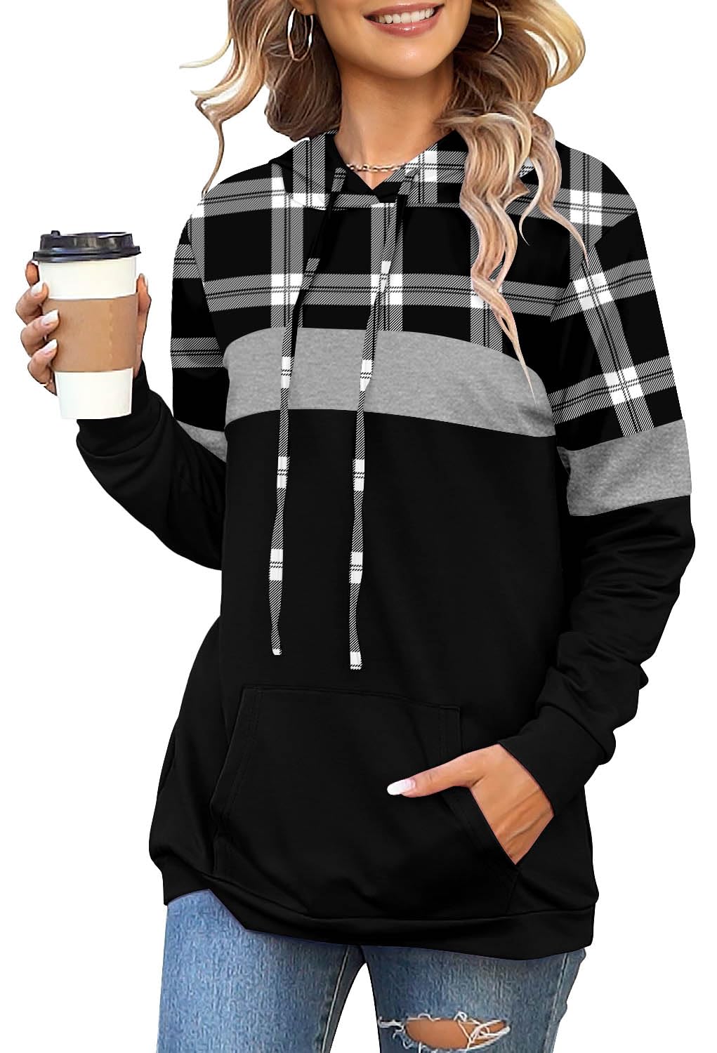 Angerella Buffalo Plaid Shirt Womens Long Sleeve Christmas Hoodies Lightweight Hoody Sweatshirt Fall Tops Blouses L