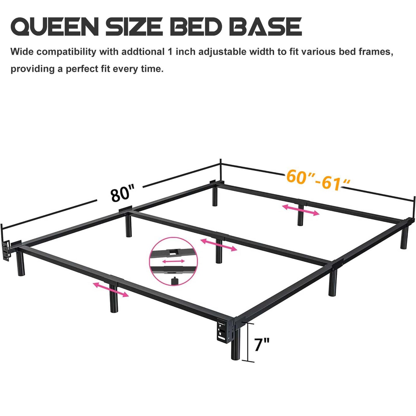 Bedsnus 7 Inch Metal Bed Frame Queen Size, Compatible with Most Brand Box Spring Or Mattress, 9-Leg Support Bed Base, Headboard Attachable, Noise-Free, Easy Assembly, Black