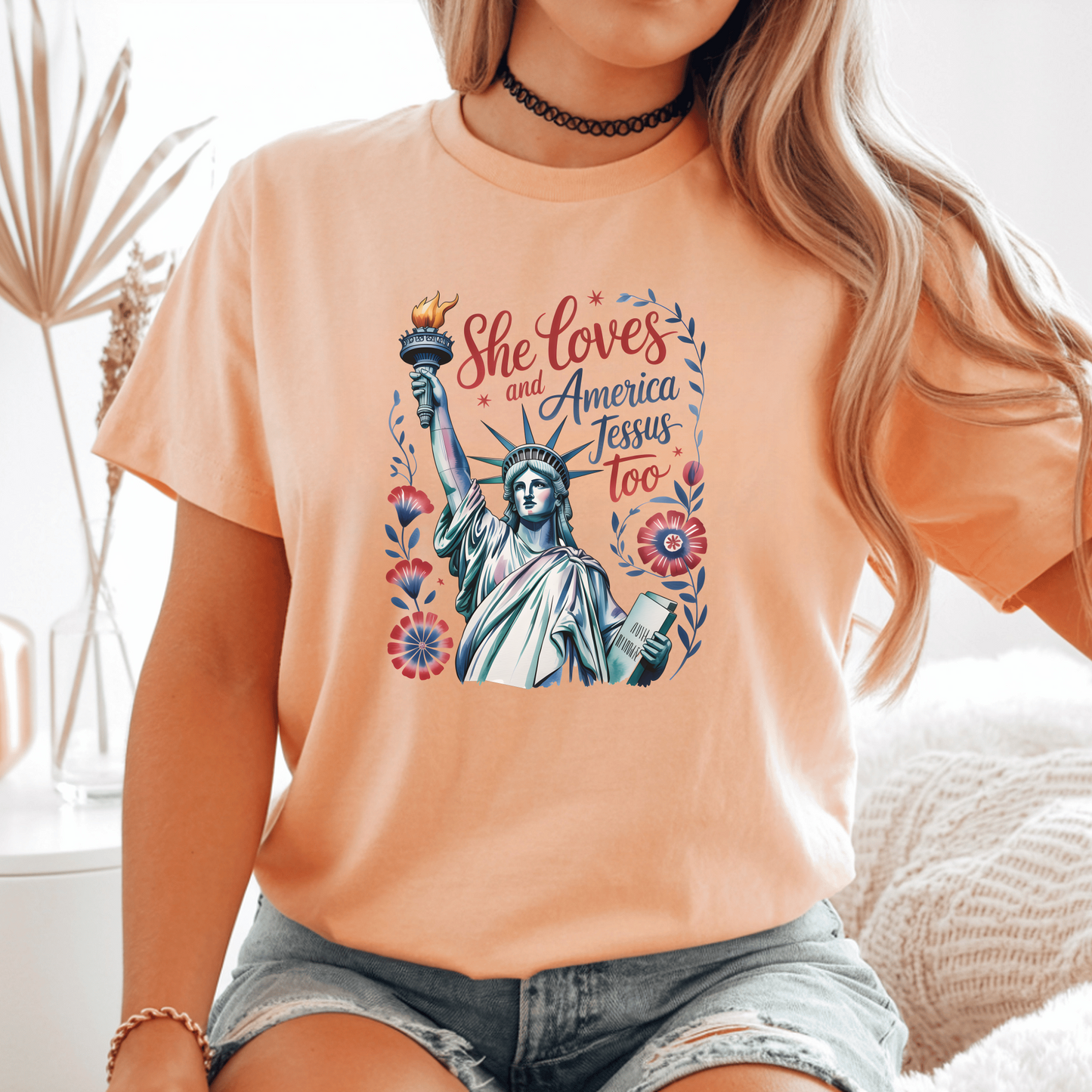 Patriotic T-Shirt, She Loves America Design, Gift for Her, Statue of Liberty Tee, Custom Graphic Shirt, USA-Themed Apparel
