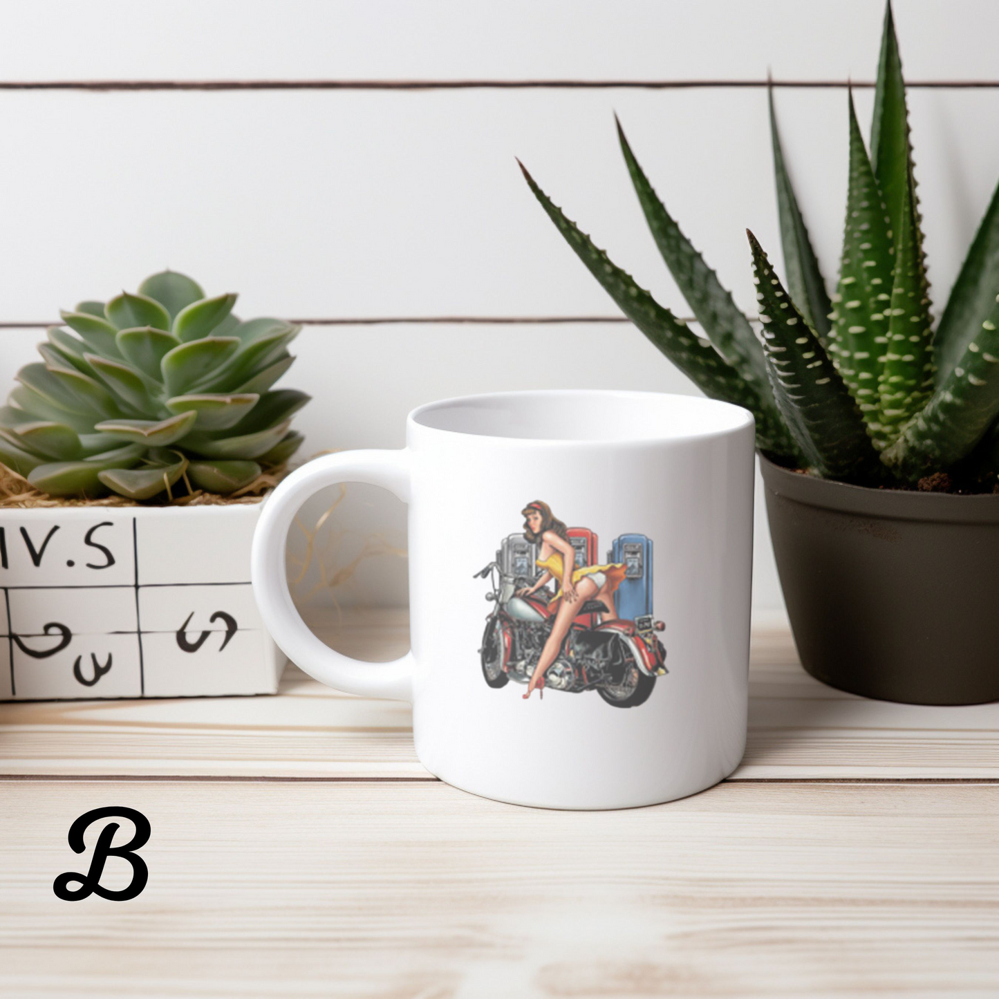 Pin-Up Girl Art Mug, Motorcycle Lover Gift, Retro Style Coffee Mug, Vintage Design Ceramic, 11oz 15oz Personalized Drinkware