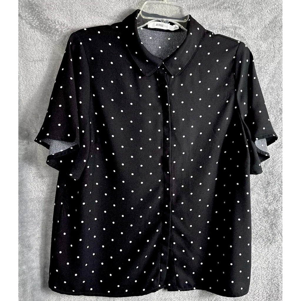 Justfab Blouse Woman’s Polkadot Shirt Short Flared  Sleeve Top Black Size Large