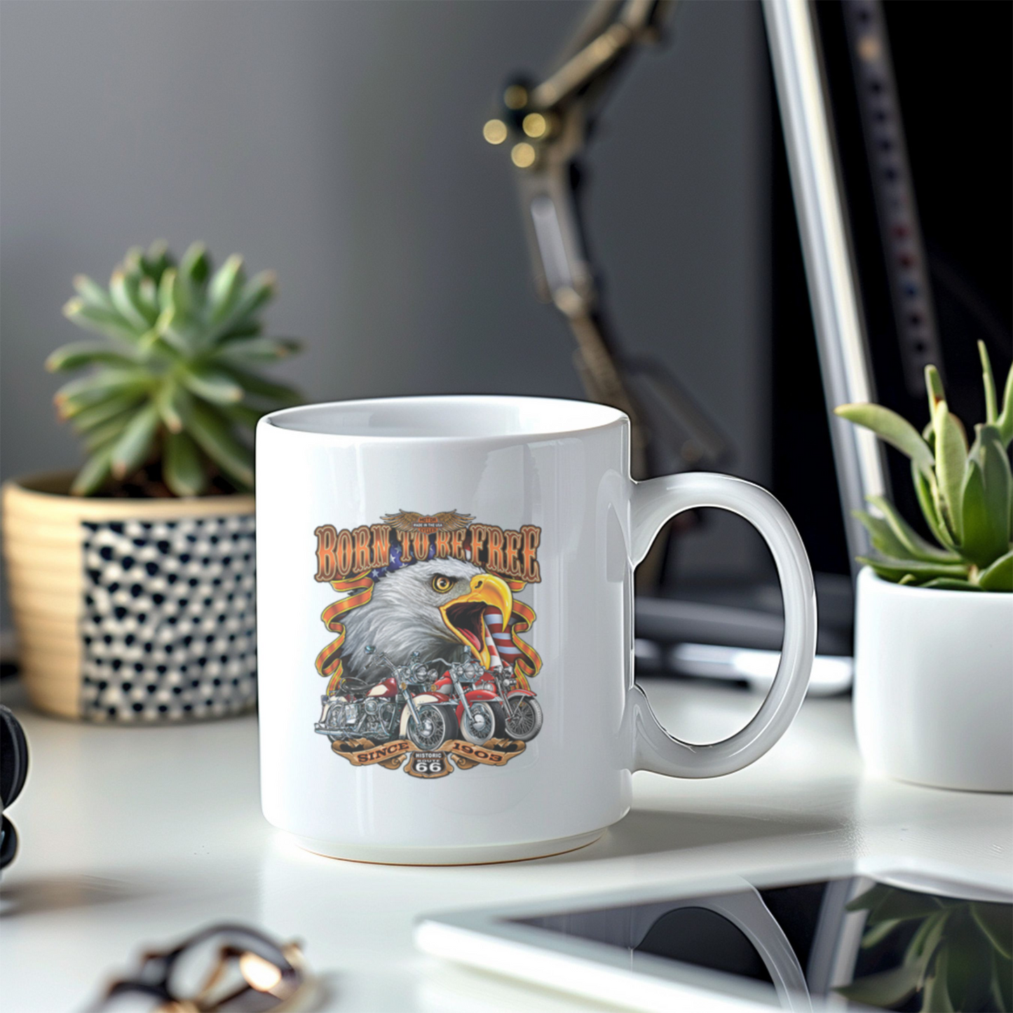 Customized Ceramic Mug, Motorcycle Design Coffee Cup, Gift for Motorcycle Lovers, Freedom Eagle Art, Personalized Drinkware