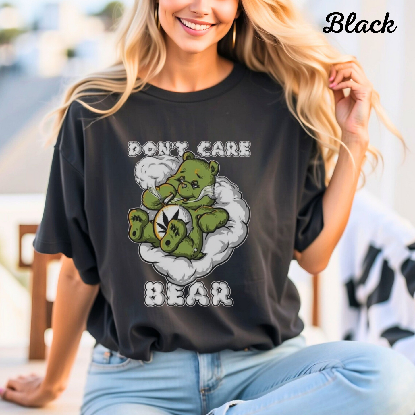 Stoner Humor Tee, Don't Care Bear T-Shirt, Funny USA Graphic Tee, Cool Black Shirt, Biker Gift, Parody Quote Shirt