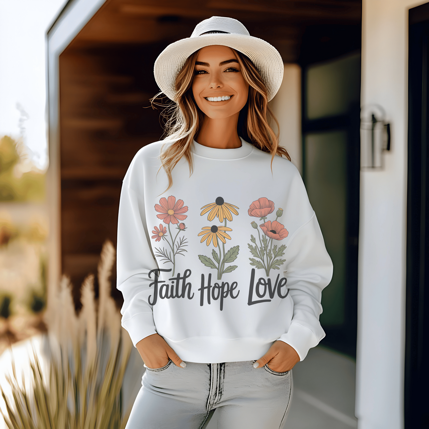 Floral Sweatshirt Gift, Faith Hope Love Design, Cozy Cotton Blend Top, Botanical Print Crewneck, Customizable Apparel, Women Men