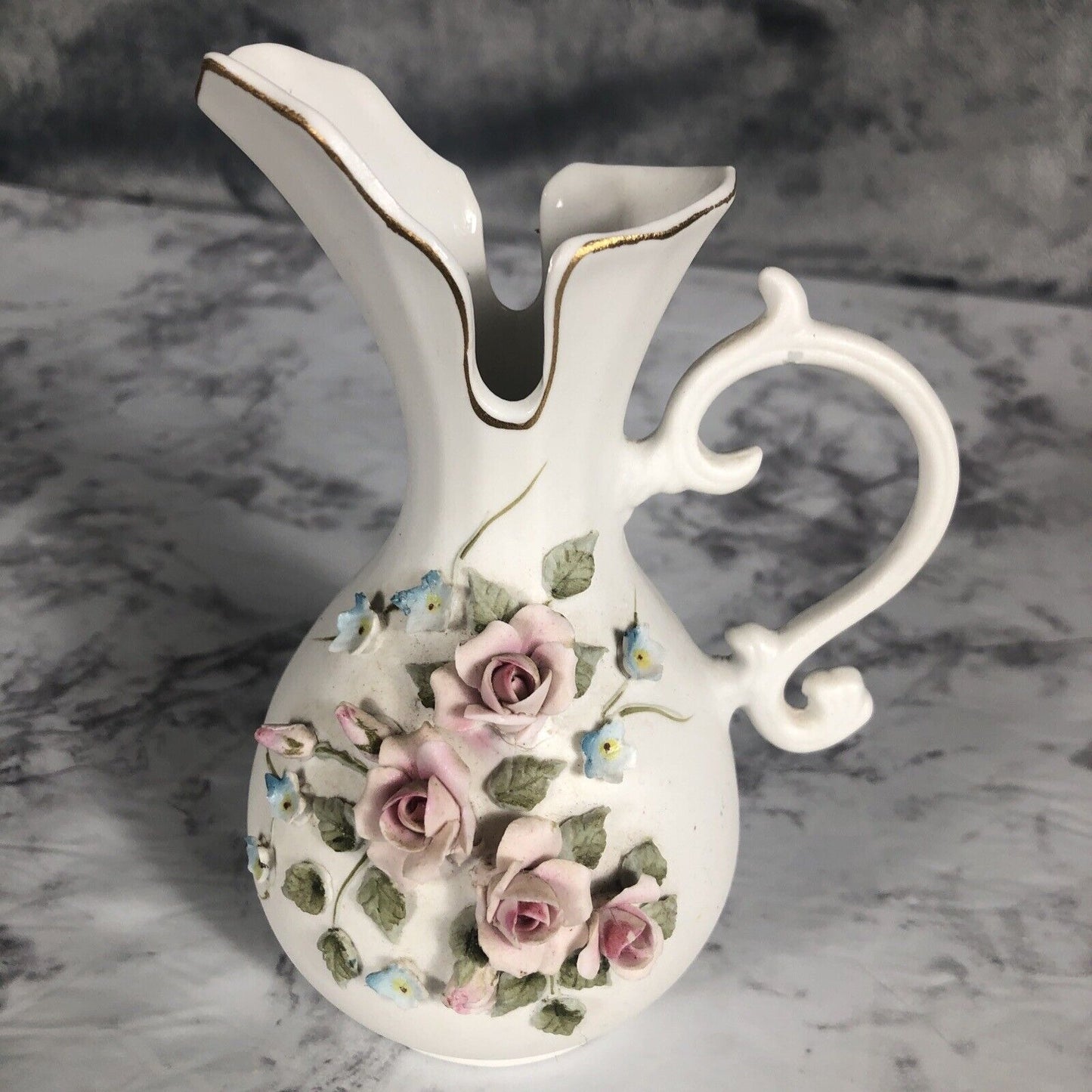 Lefton China 3D Rose Blue Flowers Pitcher 6"h Vase 4.25"h Vintage