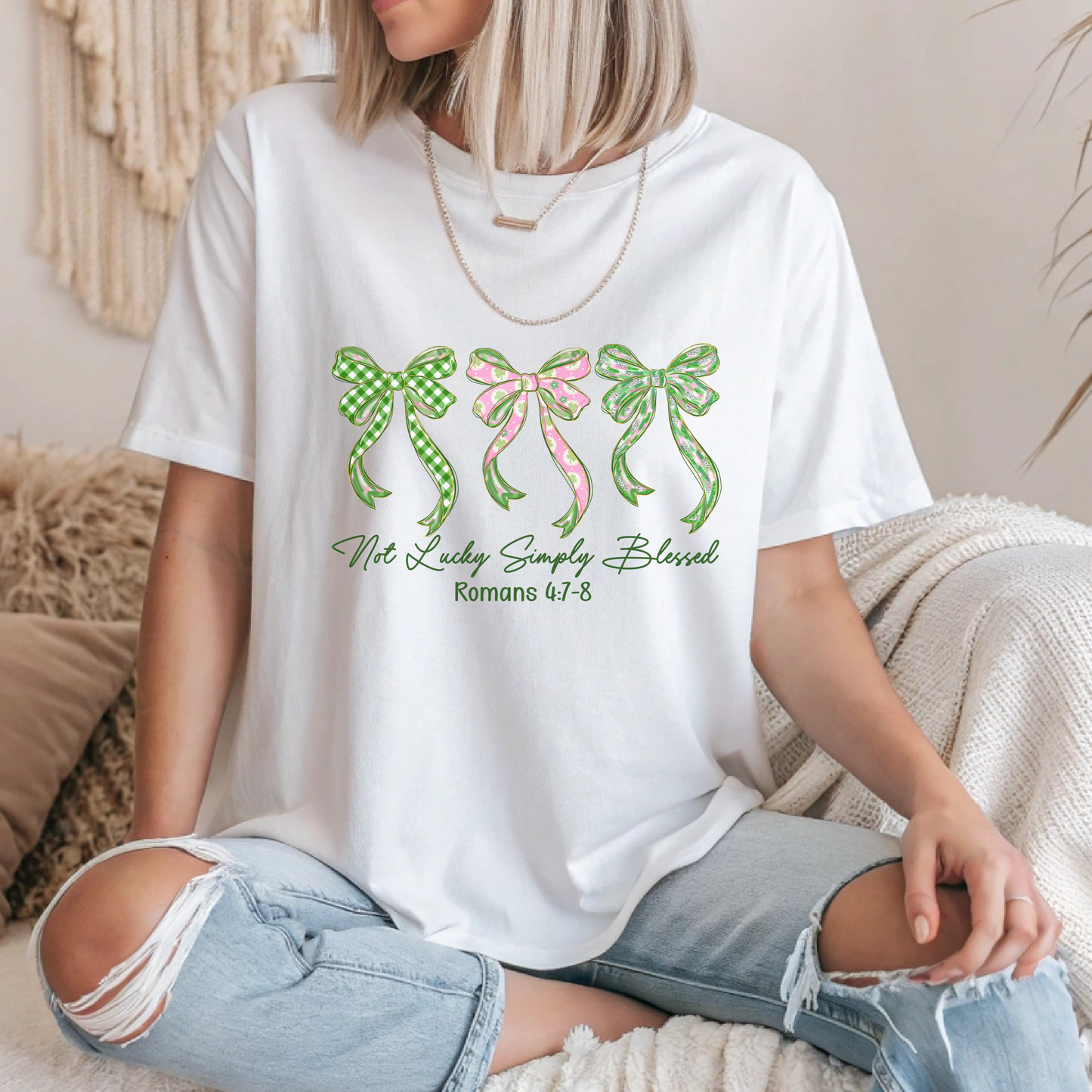 Christian Faith Shirt, Not Lucky Simply Blessed Tee, Religious Gift, Bible Verse Tee, Inspirational Bow Graphic, Romans 4:7-8 T-Shirt