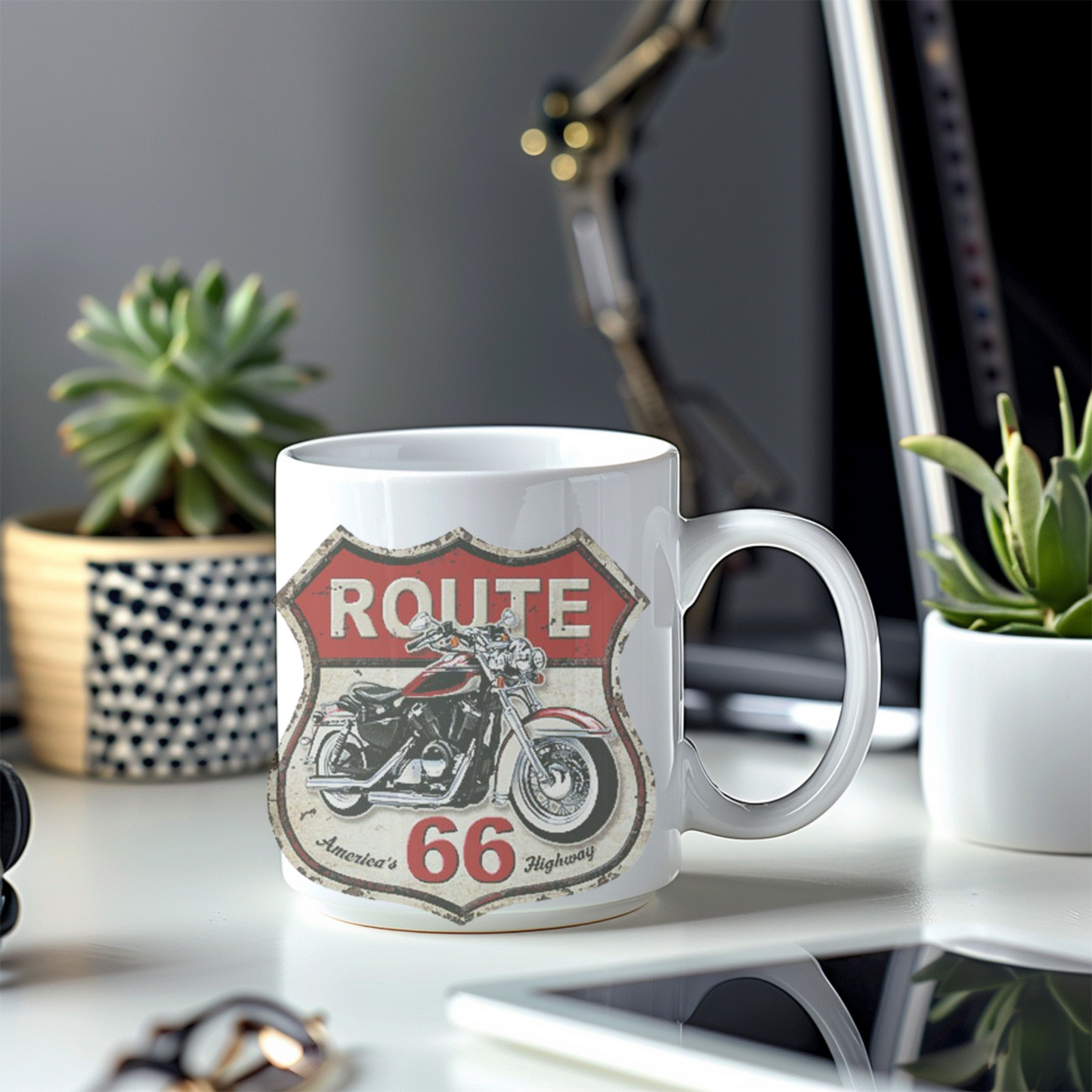 Motorcycle Enthusiast Gift, Route 66 Ceramic Coffee Mug, Americana Road Trip Decor, Personalized Mug for Bikers, Highway Travel Souvenir