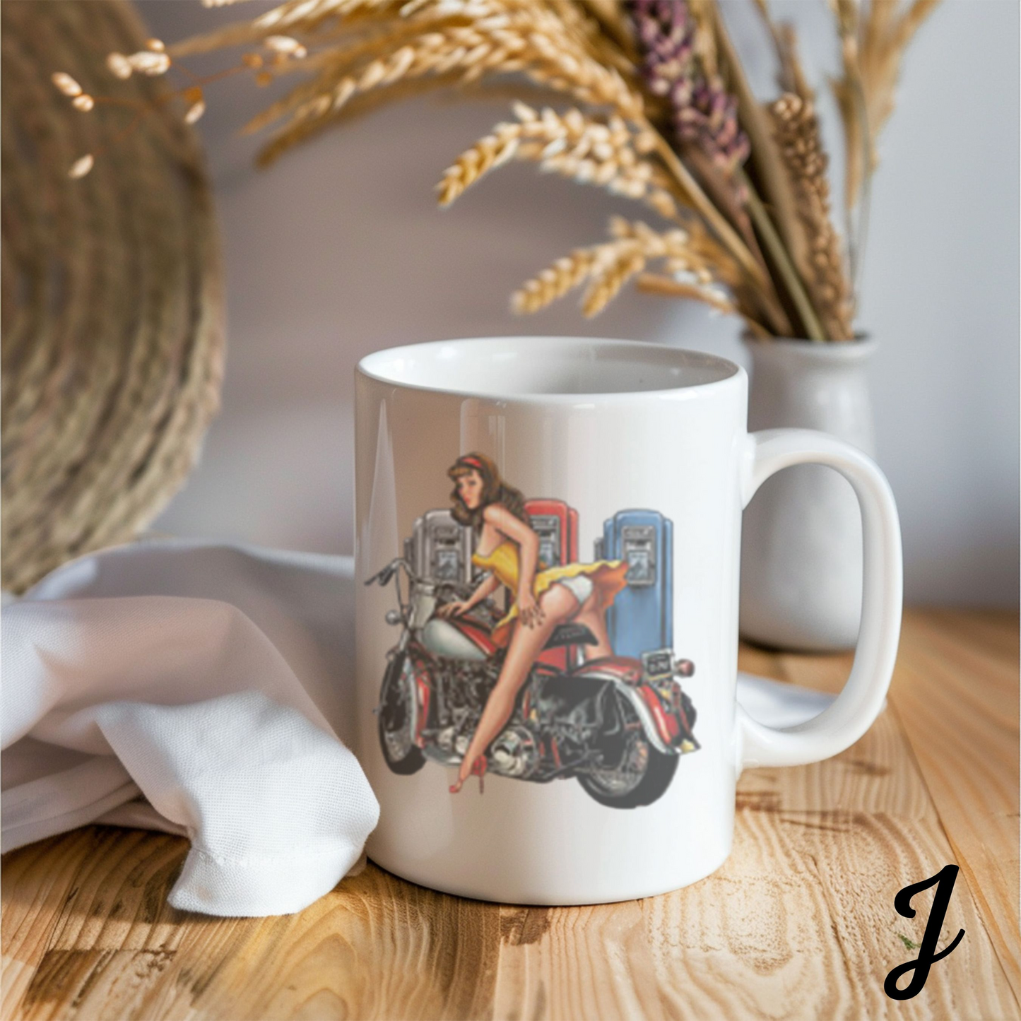 Pin-Up Girl Art Mug, Motorcycle Lover Gift, Retro Style Coffee Mug, Vintage Design Ceramic, 11oz 15oz Personalized Drinkware