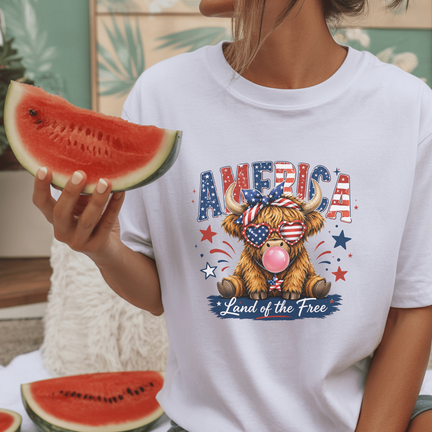 Patriotic Highland Cow Shirt, USA Flag T-Shirt, Land of the Free Tee, 4th of July Gift, Cute Bull Graphic, American Pride Shirt