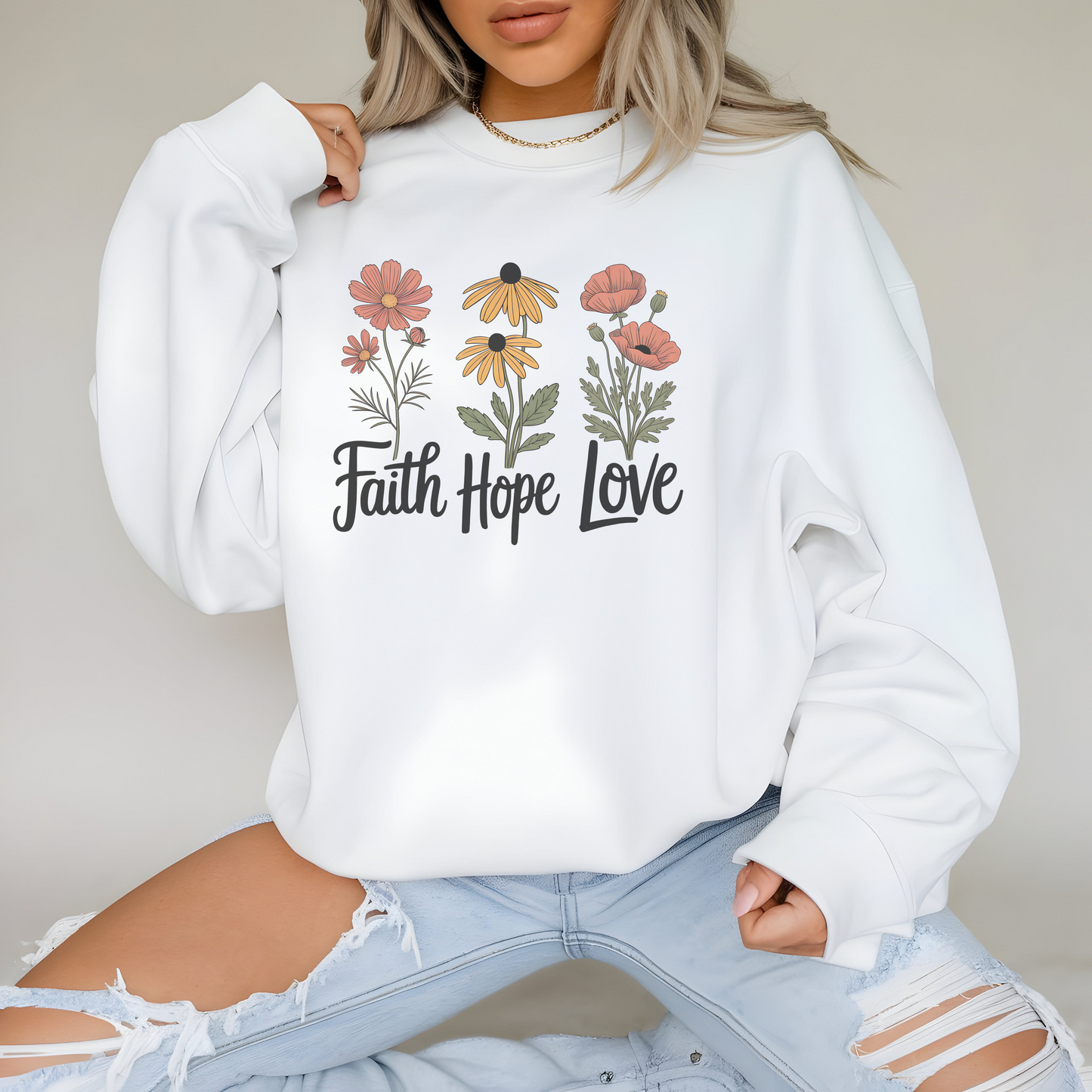 Floral Sweatshirt Gift, Faith Hope Love Design, Cozy Cotton Blend Top, Botanical Print Crewneck, Customizable Apparel, Women Men