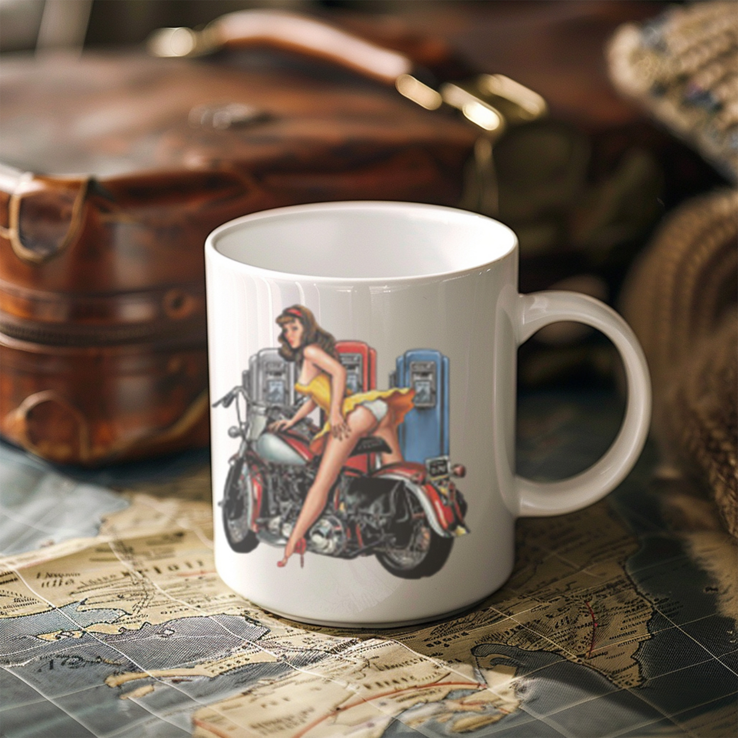 Pin-Up Girl Art Mug, Motorcycle Lover Gift, Retro Style Coffee Mug, Vintage Design Ceramic, 11oz 15oz Personalized Drinkware