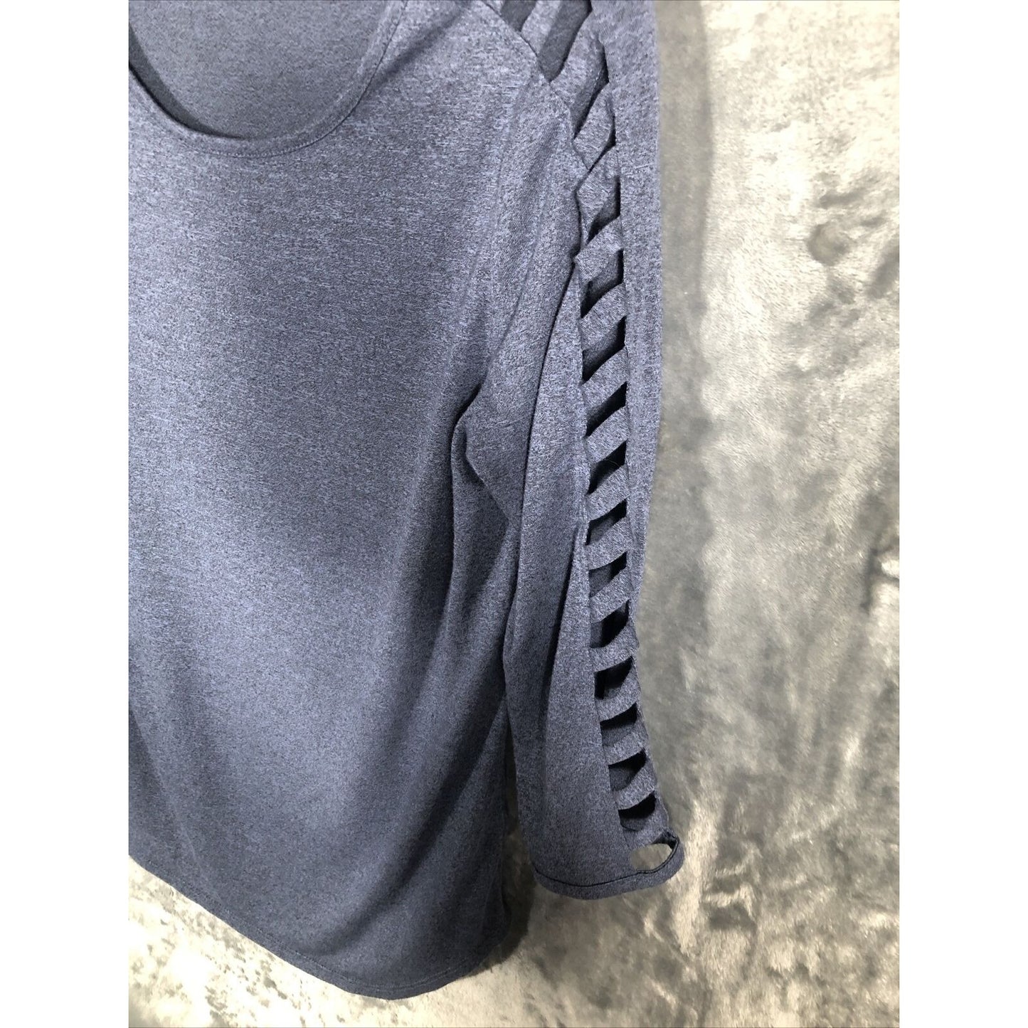 BCX Shirt Woman’s Blouse Lattice Cut Out Sleeves Size Adult Small Slate Blue