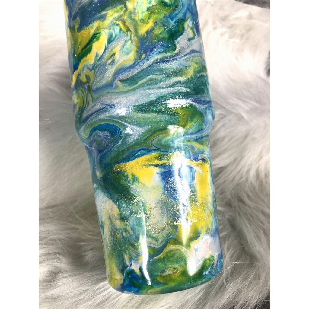 32 Ounce Tumbler Hand Painted Teal’s Blues Yellows Pearls & Glitter Lid Custom