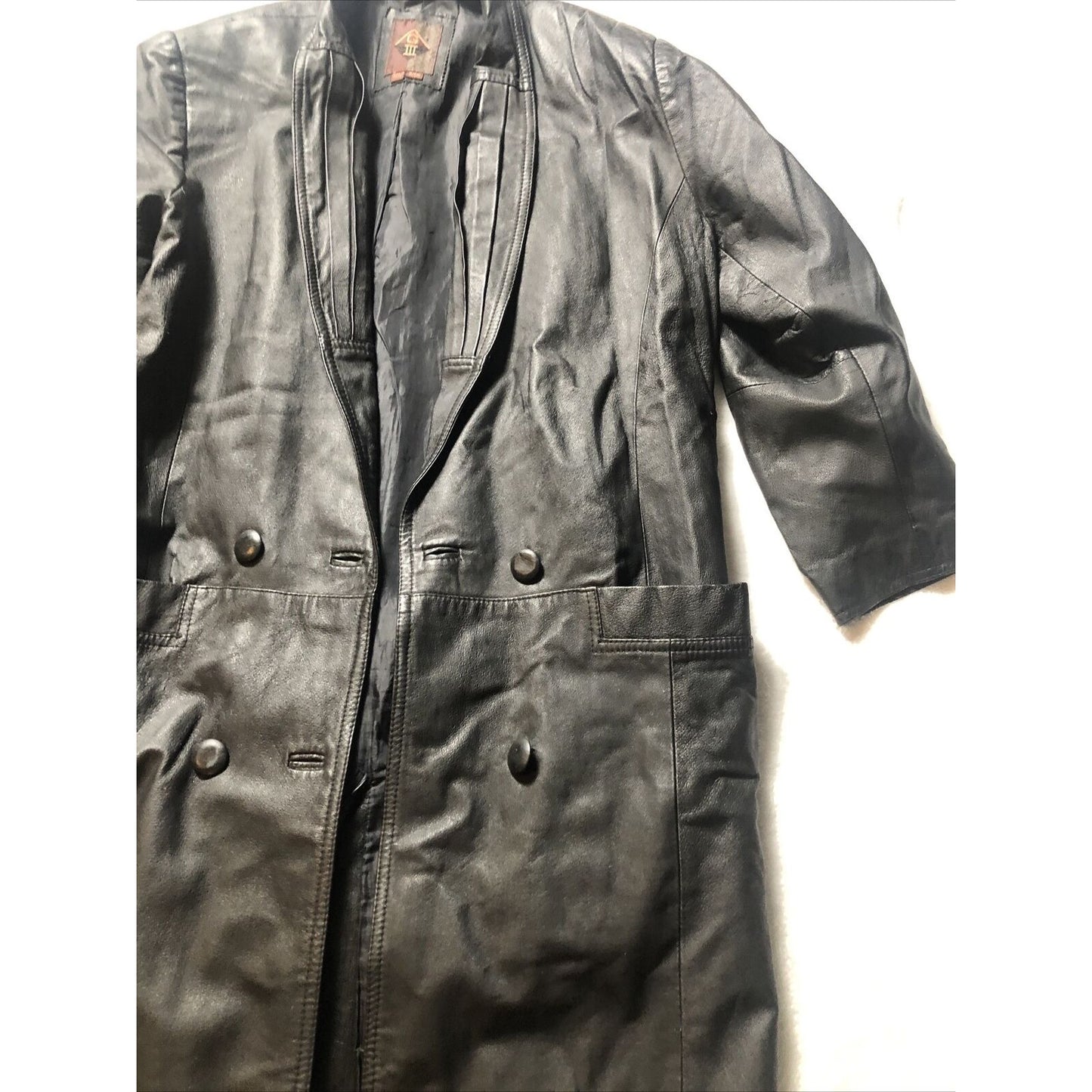 Vintage 80's G-III Black Leather Long Trench Coat Women's Small Long