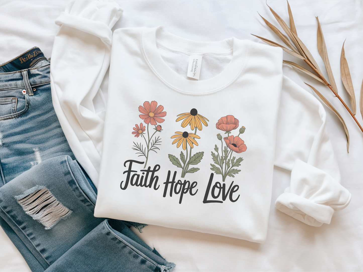 Floral Sweatshirt Gift, Faith Hope Love Design, Cozy Cotton Blend Top, Botanical Print Crewneck, Customizable Apparel, Women Men