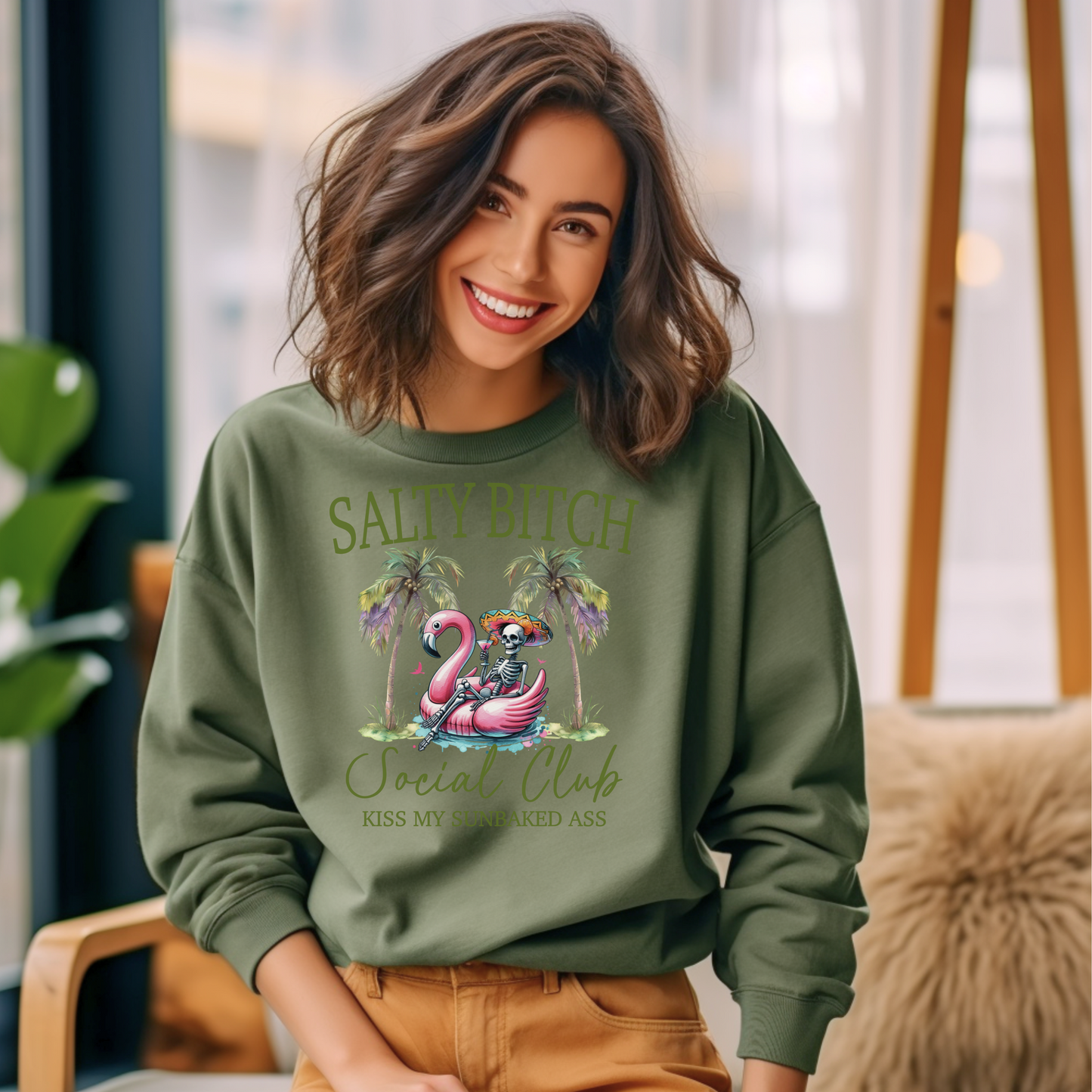 Salty **** Social Club Women’s Graphic Sweatshirt – Flamingo Palm Tree Beach Crewneck