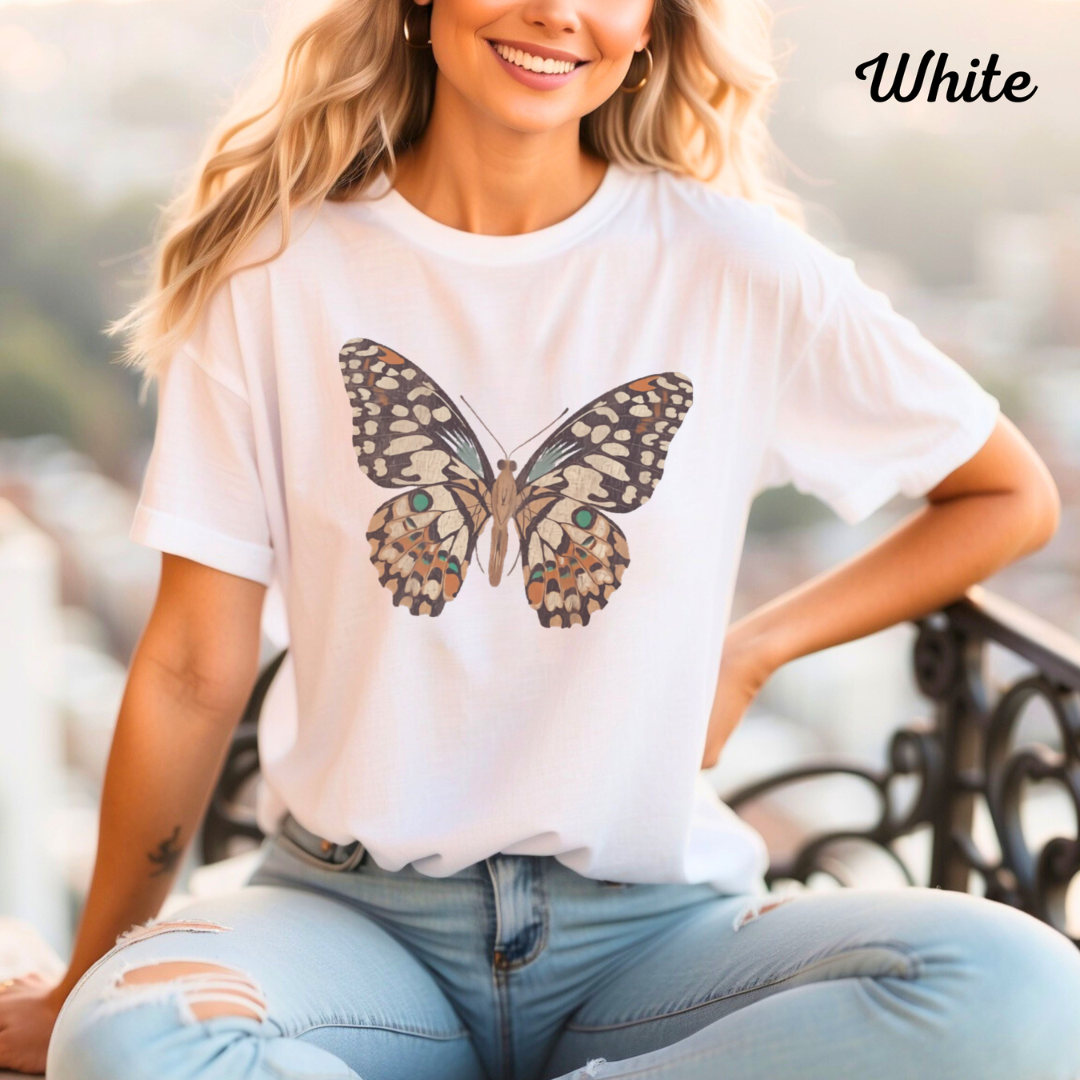 Butterfly Graphic Tee, Gildan 5000 Sand T-Shirt, Casual Women's Top, Customizable Shirt for Everyday Wear, Gift for Her, Art Apparel