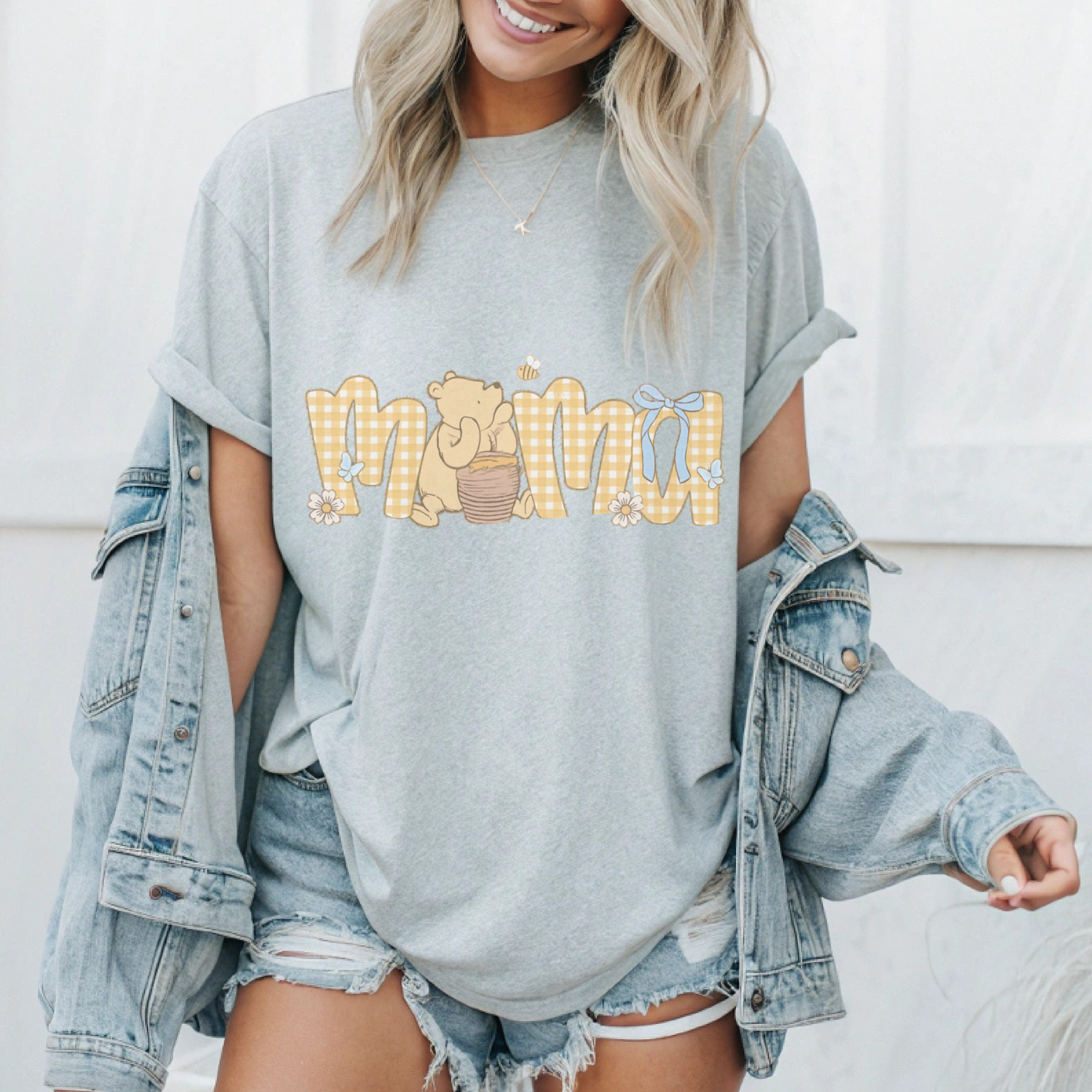 Mama Graphic Tee, Gingham Bear Shirt, Gift for Moms, Casual Comfort, Cute Animal Design, Cozy Cotton Shirt, Charming Graphic Top