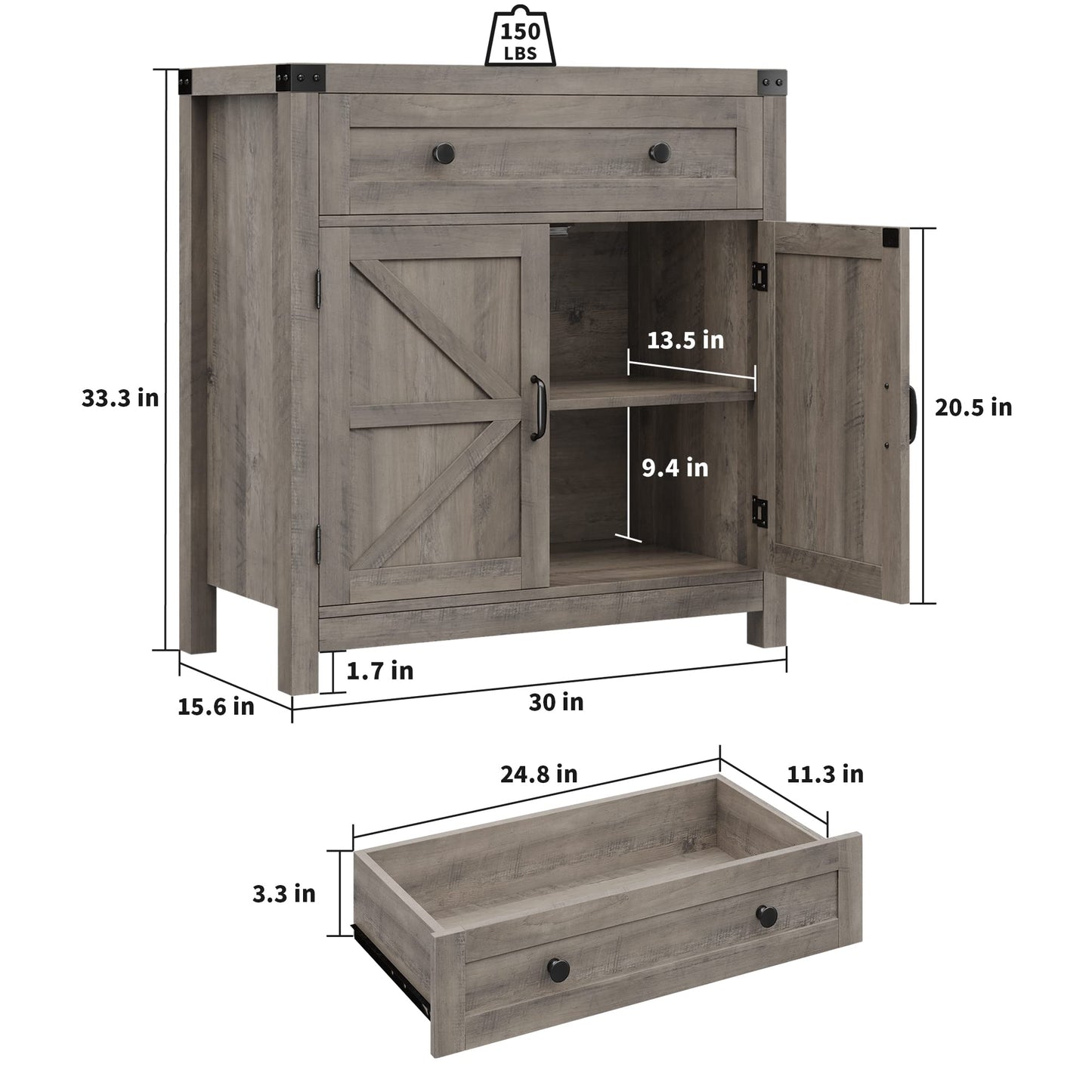 HOSTACK Coffee Bar Cabinet, Kitchen Storage Cabinet, Modern Farmhouse Buffet Sideboard with Drawer and Adjustable Shelf, Barn Door Accent Cabinets for Kitchen, Dining Room, Entryway, Ash Grey