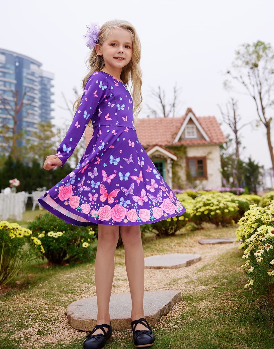 LaBeca Girls Printed Casual Party Dresses Twirly Long Sleeve Dress Butterfly Fall L