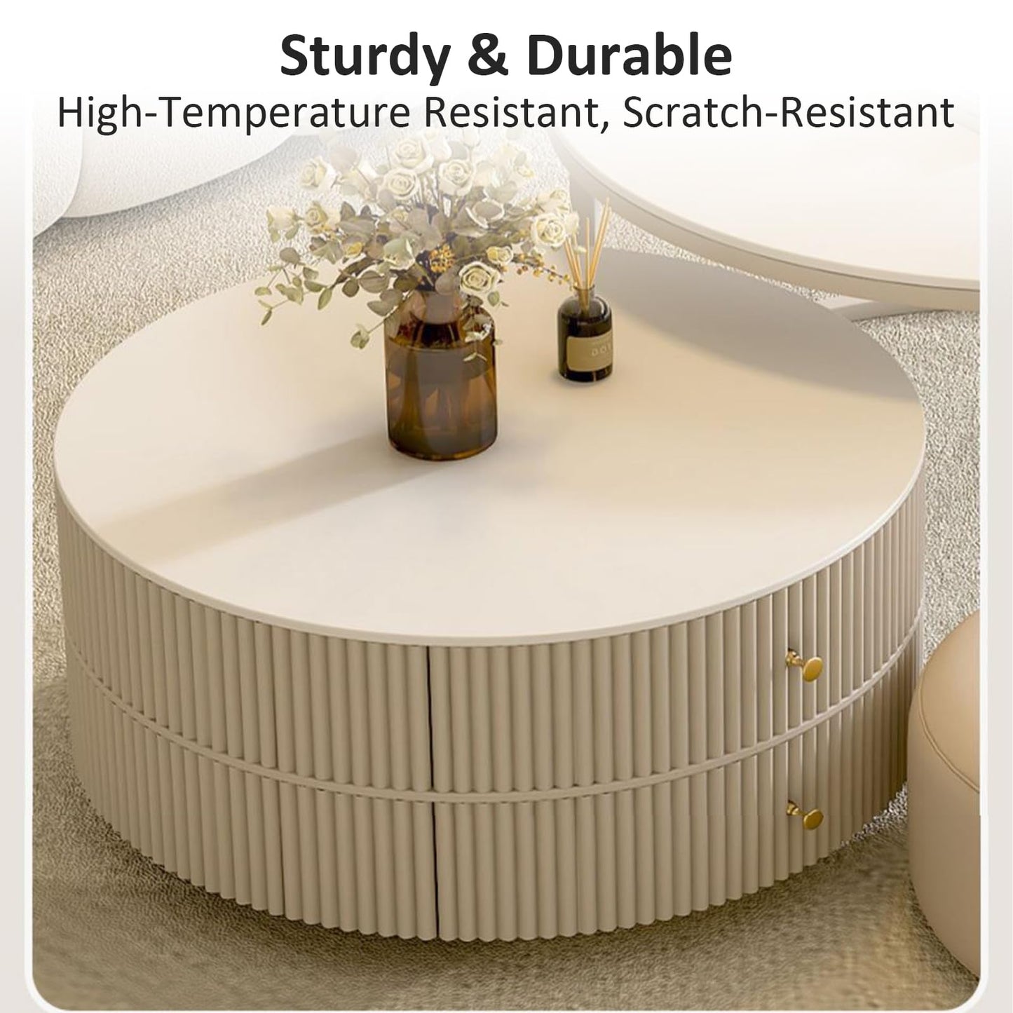 Kadaligh Nesting Coffee Table Set of 2 with Leather Stool - Ivory Wood Circle Embossed Design Coffee Table with 2 Drawers - Round Table with Baking Paint Frame