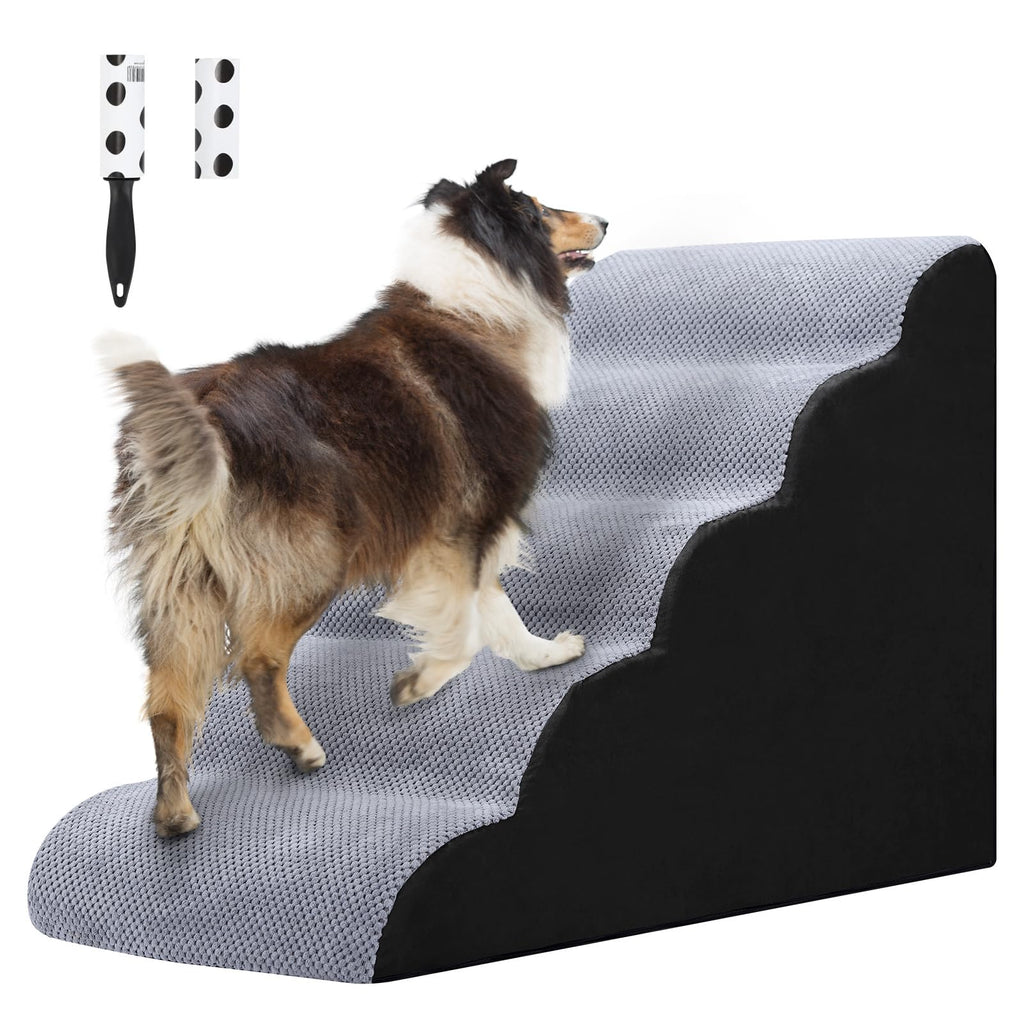 5 Steps Dog Ramp/Stairs for Beds and Couches,MOOACE Pet Stairs with High Density Expand Immediately Foam, Washable Cover and Pet Hair Remover Roller - Reduce Stress on Pet Joints Gray/Black