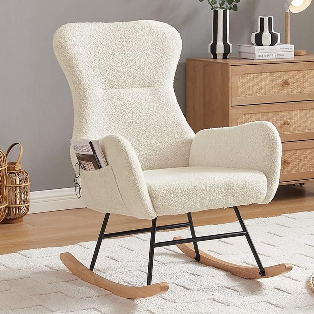 hansones Rocking Chair Nursery,Modern Accent Rocking Chair,Upholstered Nursery Glider Rocker for Baby,Rocking Chair Indoor for Living Room/Bedroom/Nursery(Cream White Teddy Fabric)