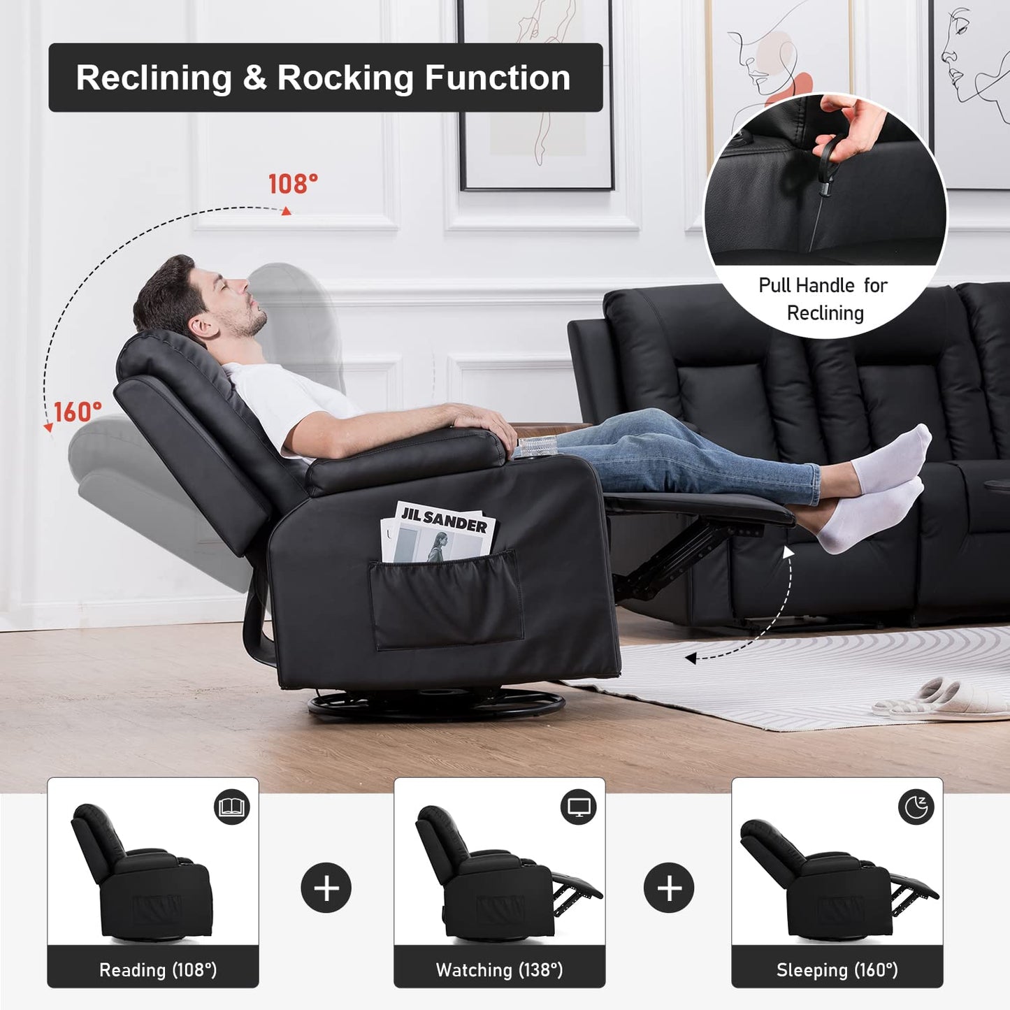 COMHOMA Recline Chair Set，Furniture 3PC Bonded Leather Recliner Set Living Room Set, Sofa, Recline Chair with massger(Black,Living Room Set 3)