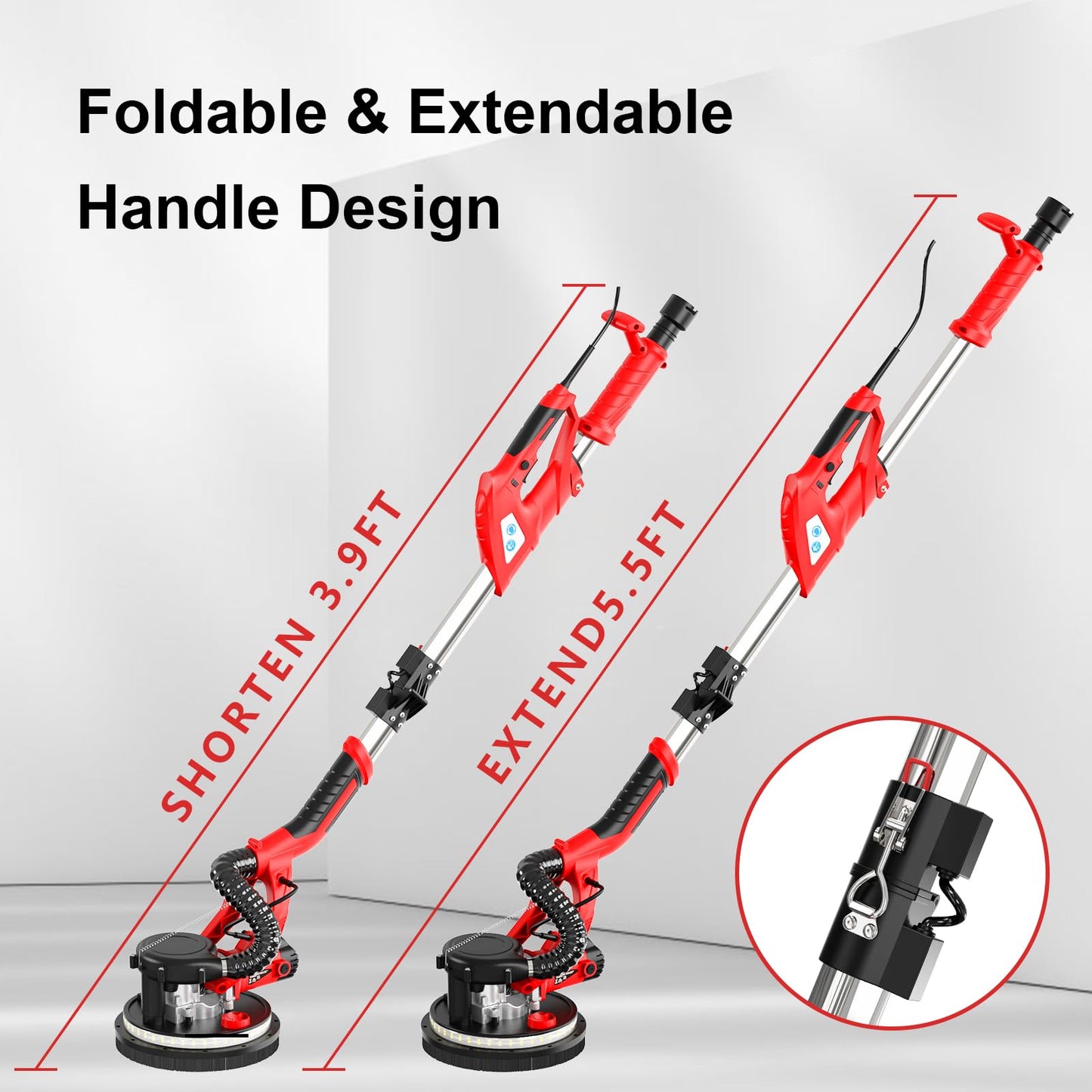 Drywall Sander with Vacuum Attachment, IMQUALI 750W Electric Sander Tool with Extendable Handle, Popcorn Ceiling Removal Tool with 7 Variable Speed 800-1750RPM, LED Light, 12pcs Sanding Discs, I01R