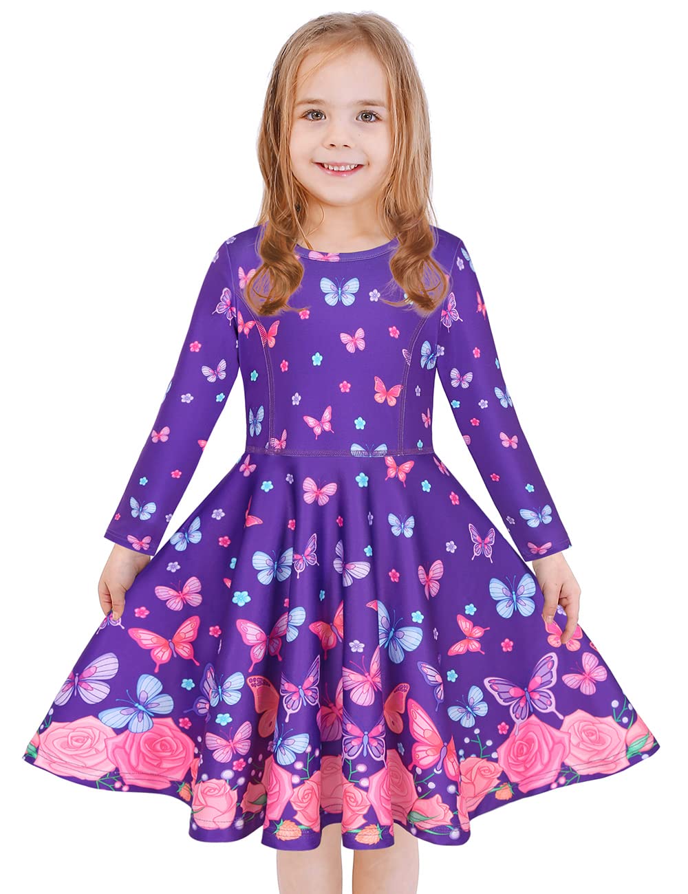 LaBeca Girls Printed Casual Party Dresses Twirly Long Sleeve Dress Butterfly Fall L