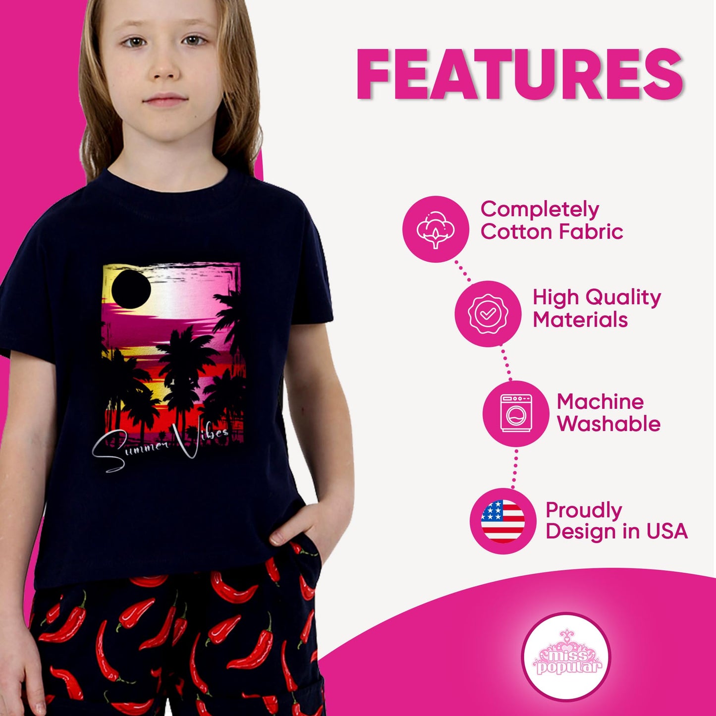 MISS POPULAR Girls 4-Pack Super Soft Short Sleeve T-Shirts Rainbow Butterfly Glitter Print Cute Design| Sizes 7-16