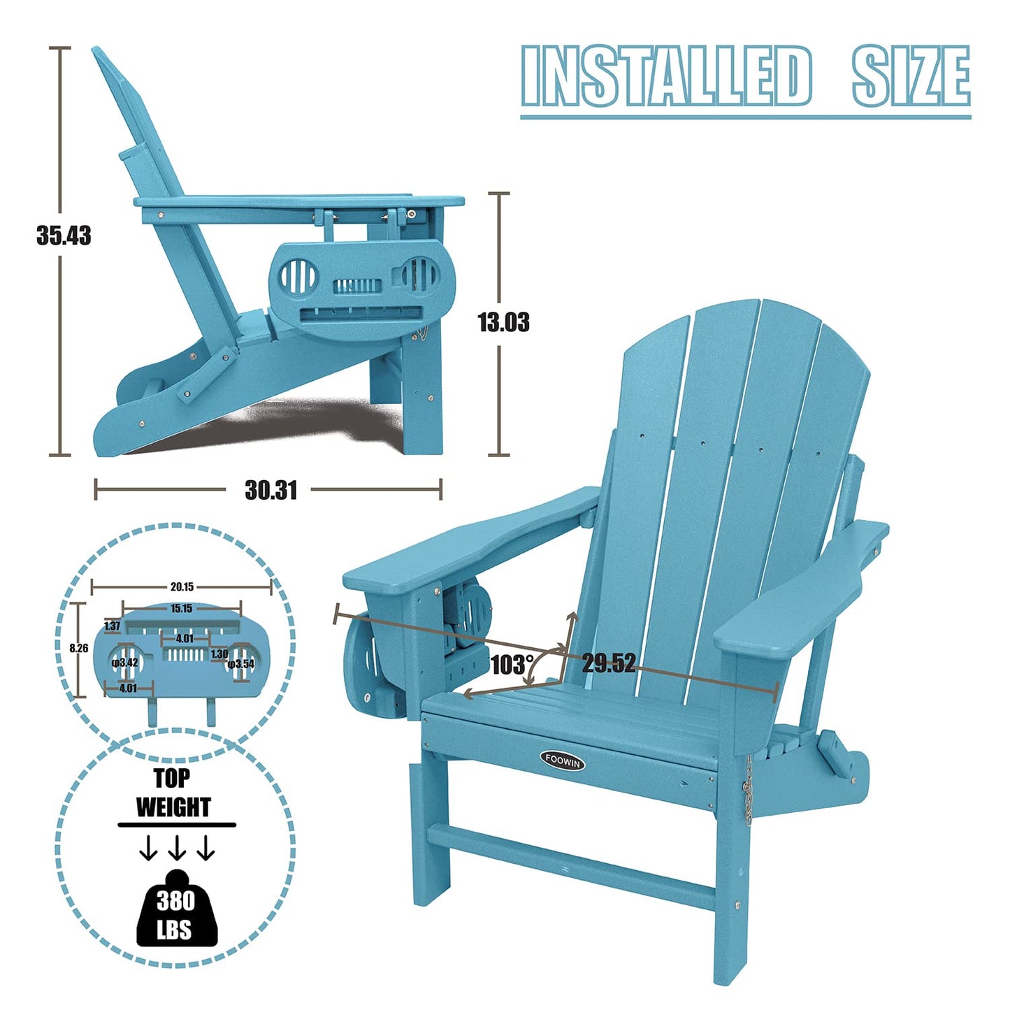 FOOWIN HDPE Folding Adirondack Chair Set of 4, All-Weather Resistant Adirondack Chair w/4 in 1 Cup Holder Trays, Adirondack Chairs for Outdoor, Patio, Lawn, Garden, Backyard Deck