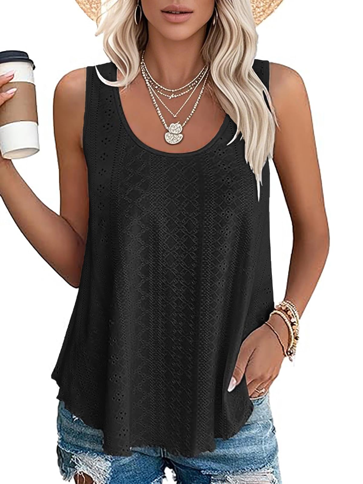 VUTRU Womens Tank Tops Sleeveless Eyelet Loose Casual Summer Flowy Square Neck Beach Vacation Clothes 2025 (Black,L)