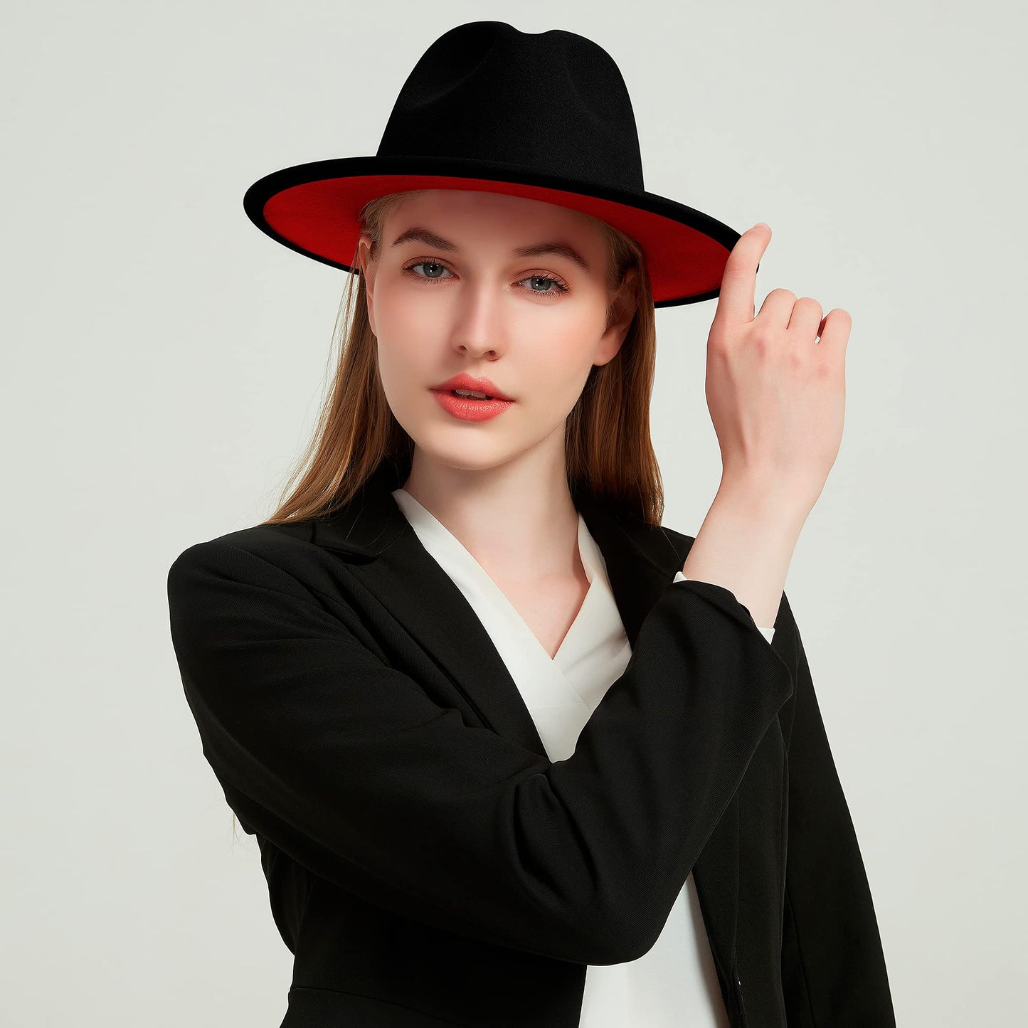 KUJUHA Wide Brim Fedora Two Tone Dress Hat, Large-X-Large, Black & Red