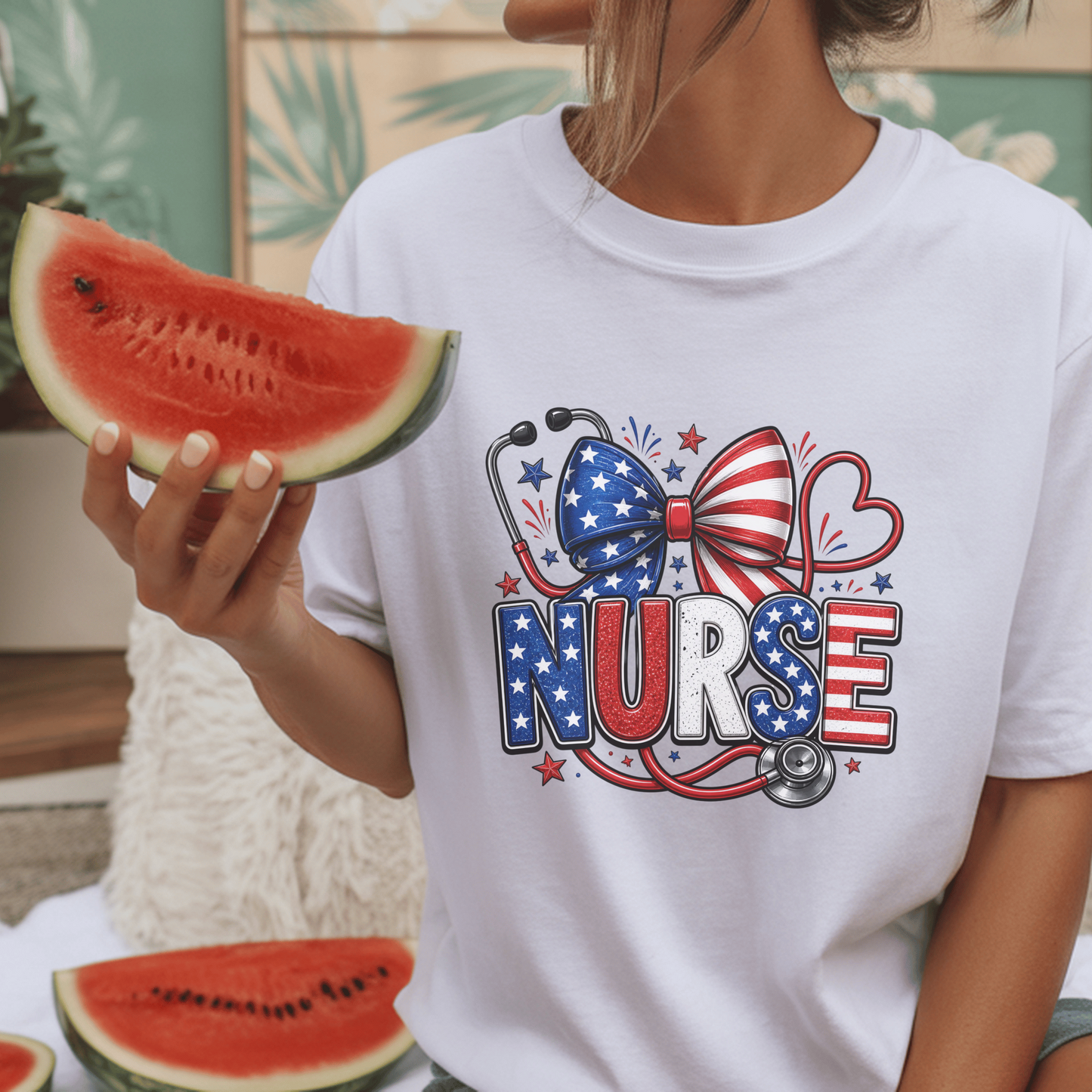 Patriotic Nurse Shirt, USA Flag Inspired Tee, Nurse Appreciation Gift, RN Independence Day Apparel, Stethoscope Graphic Top, Unique Medical