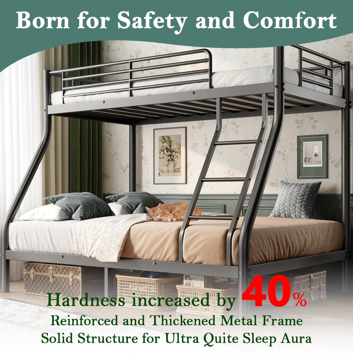 Cyranture Bunk Beds Twin Over Full Size, Heavy Duty Bunk Beds with Bottom Space & Guardrail Metal Bunk Bed Frame for Adults Dorm Bedroom Guest Room, No Box Spring Needed（Upgrate Black）