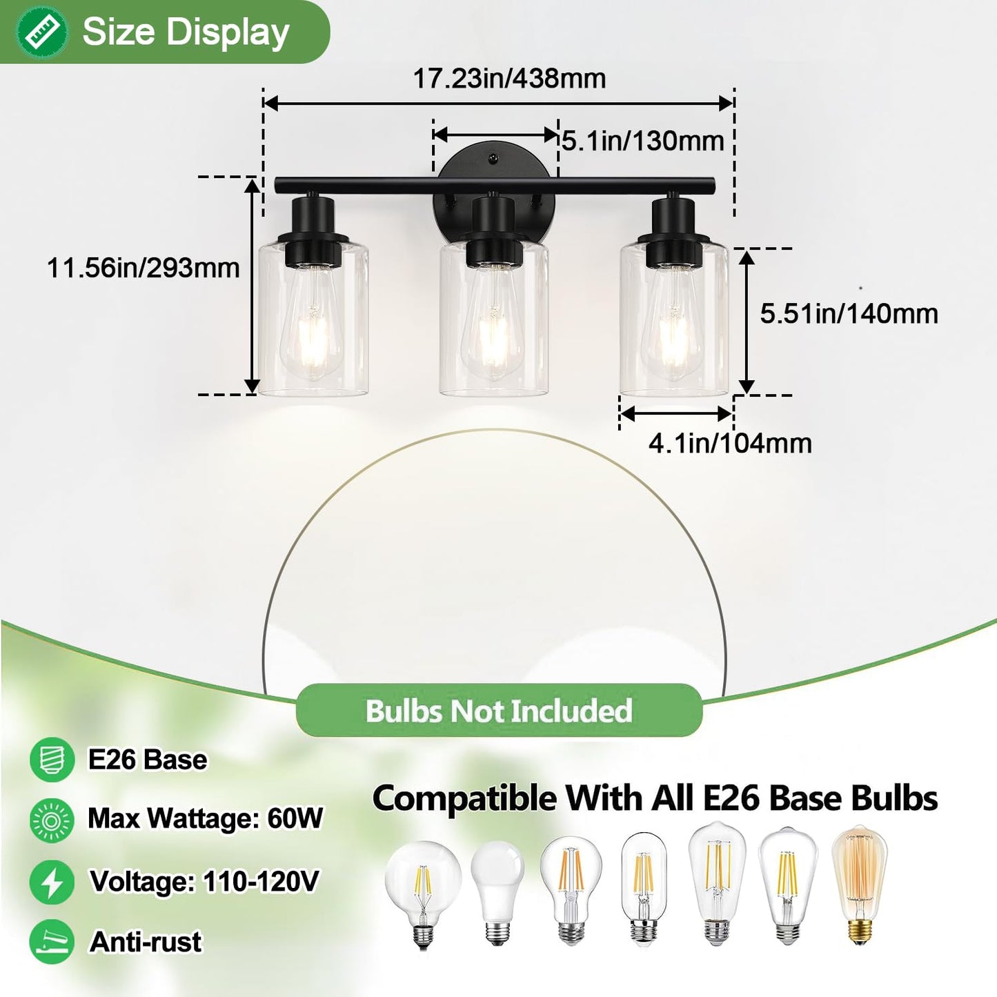 Zarbitta 3-Light Bathroom Light Fixtures, Black Modern Vanity Lights with Clear Glass Shade, Bathroom Wall Lamp for Mirror Kitchen Living Room Hallway Cabinet Porch