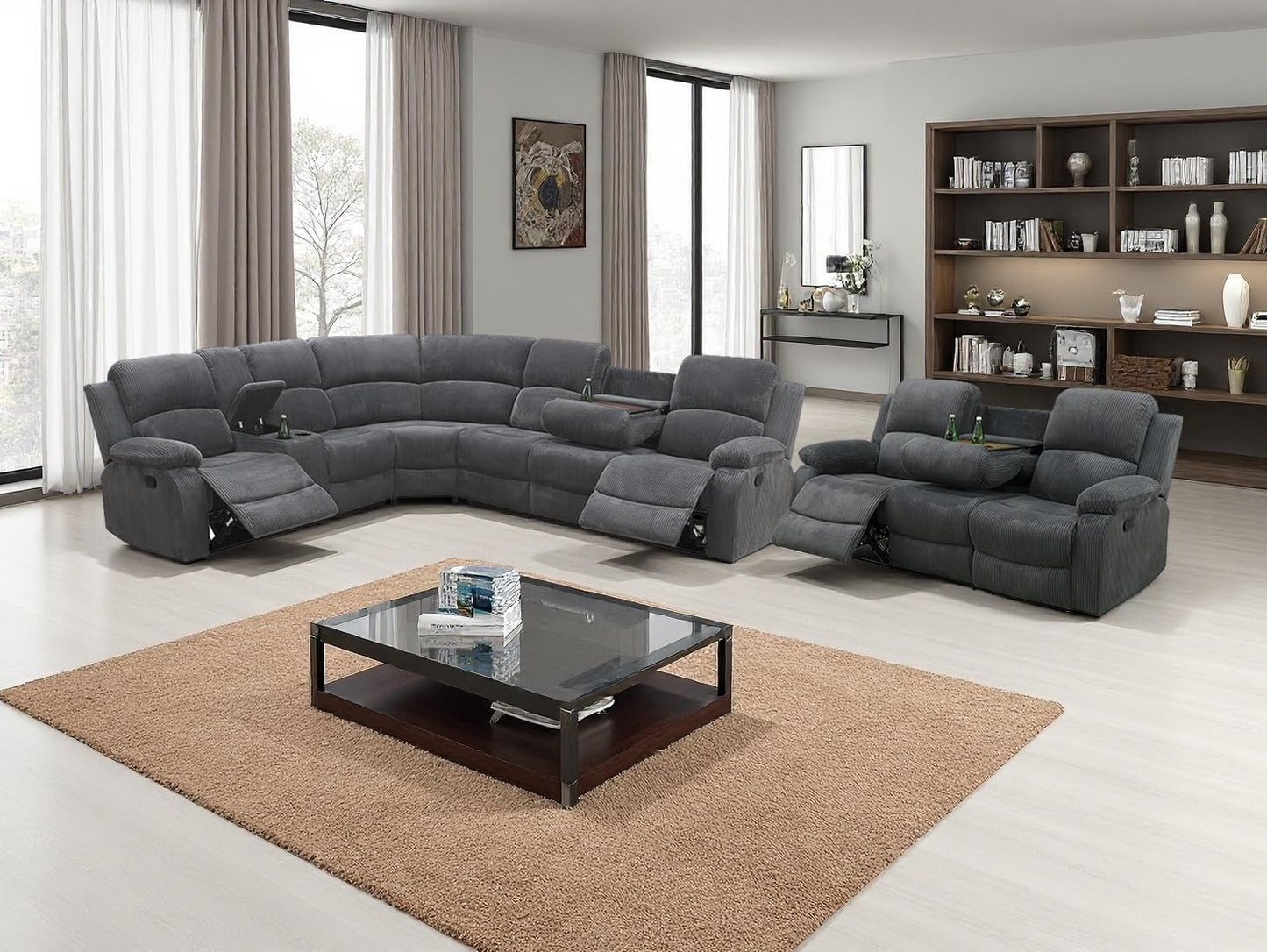 Dekmxas Living Room Furniture Sets, Recliner Sectional Sofa with Cup Holders, Grey Corduroy Reclining Sectional Sofa Set with Drop-Down Table, Storage Console for Living Room, Bedroom, Apartment