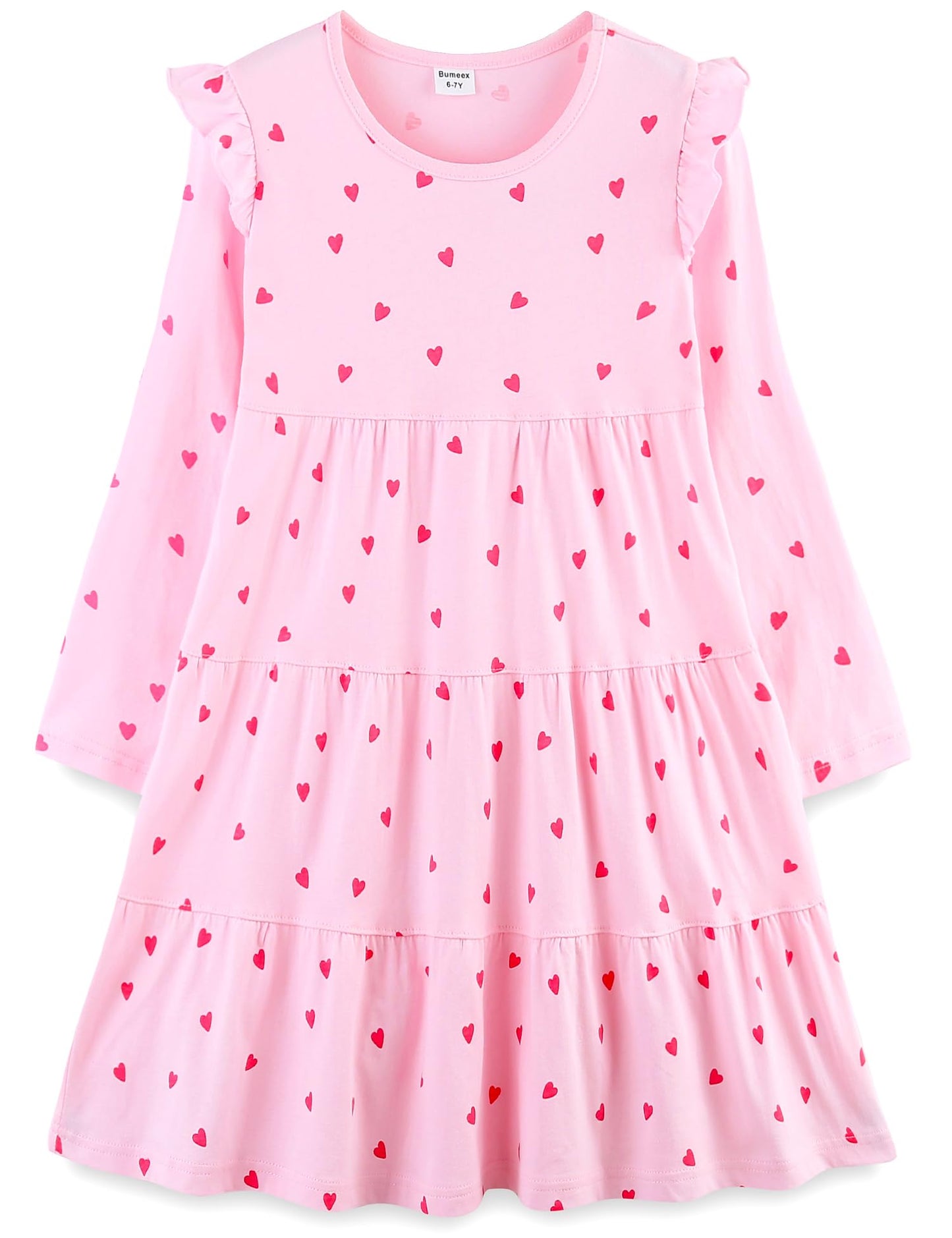 Bumeex Tween Kids Big Girl's Girl Dress Fall Spring Winter Long Sleeve School Cotton Valentines Casual A-Line Dresses Outfits Clothing Clothes Vestido para Niña Pink Heart 10-11 Years