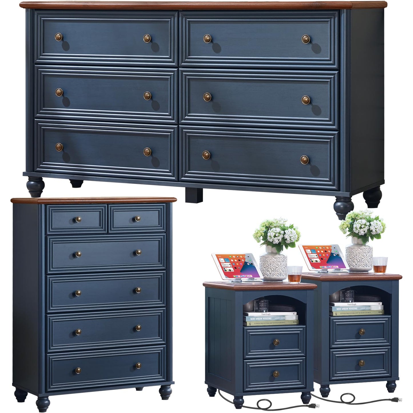 Farmhouse Dressers & Night Stand Set of 4, Wood 54" Wide Dresser & 43.5"Tall Chest of Drawers, 18" with Charging Station Nightstand Set of 2, Bedroom Furniture Dresser Set for Home Living Room Hallway