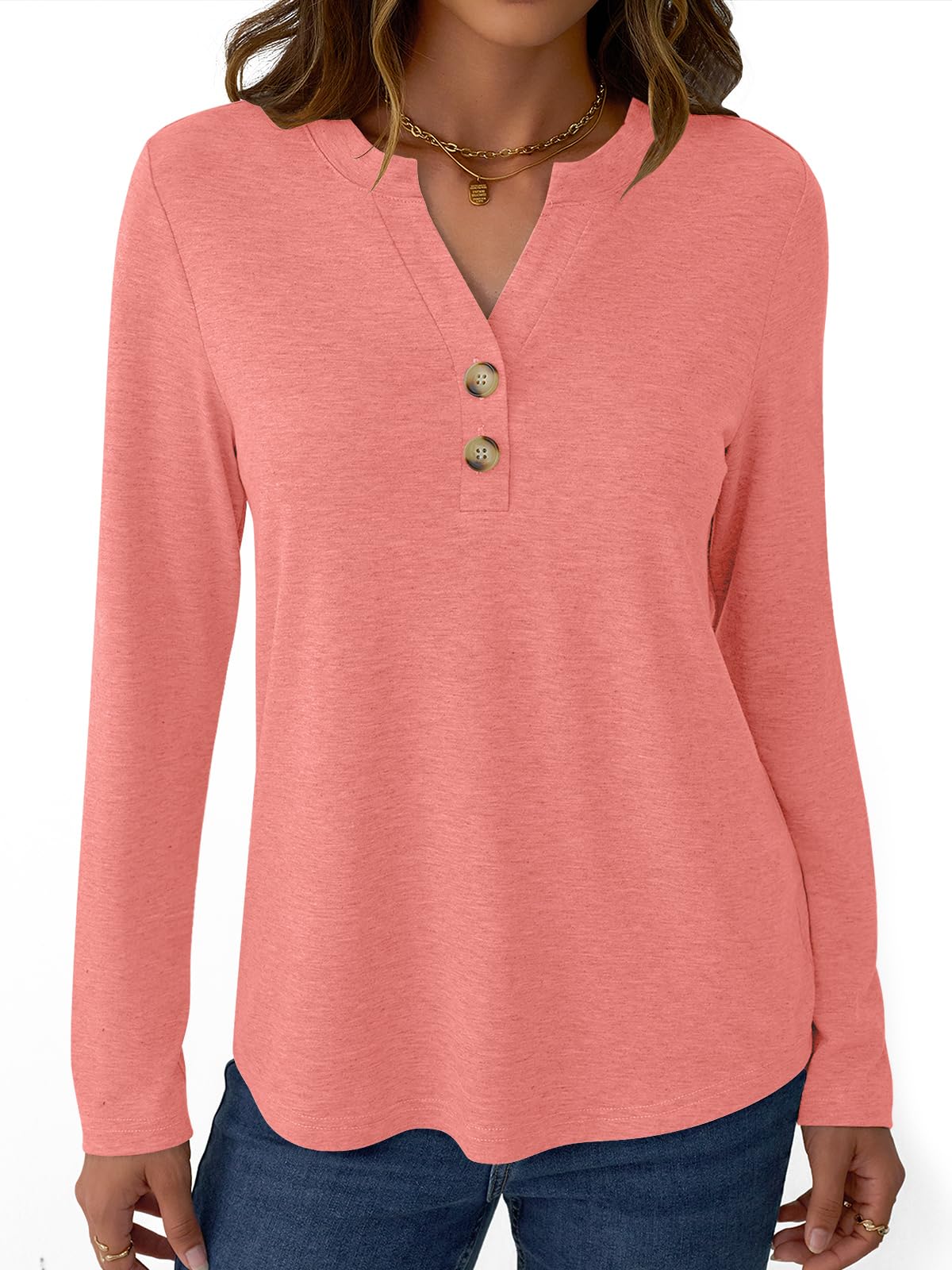 GKBK Womens Long Sleeve Tops Fall Clothing V Neck Casual Shirts Button Dressy Trendy Blouses Loose Fit Tunic Coral
