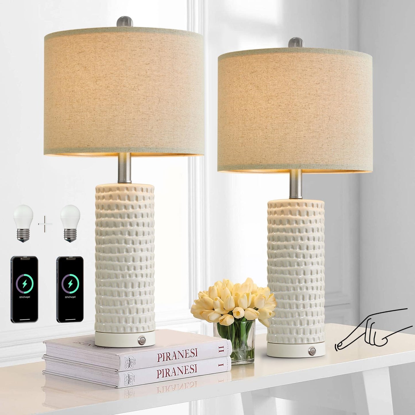 PORTRES 24" Farmhouse 3-Way Dimmable Touch Ceramic Table Lamp Set of 2 for Bedroom White Bedside Lamps with USB A+C Charging Ports for Living Room Nightstand Lamp End Table Lamps(2 Bulbs Included)