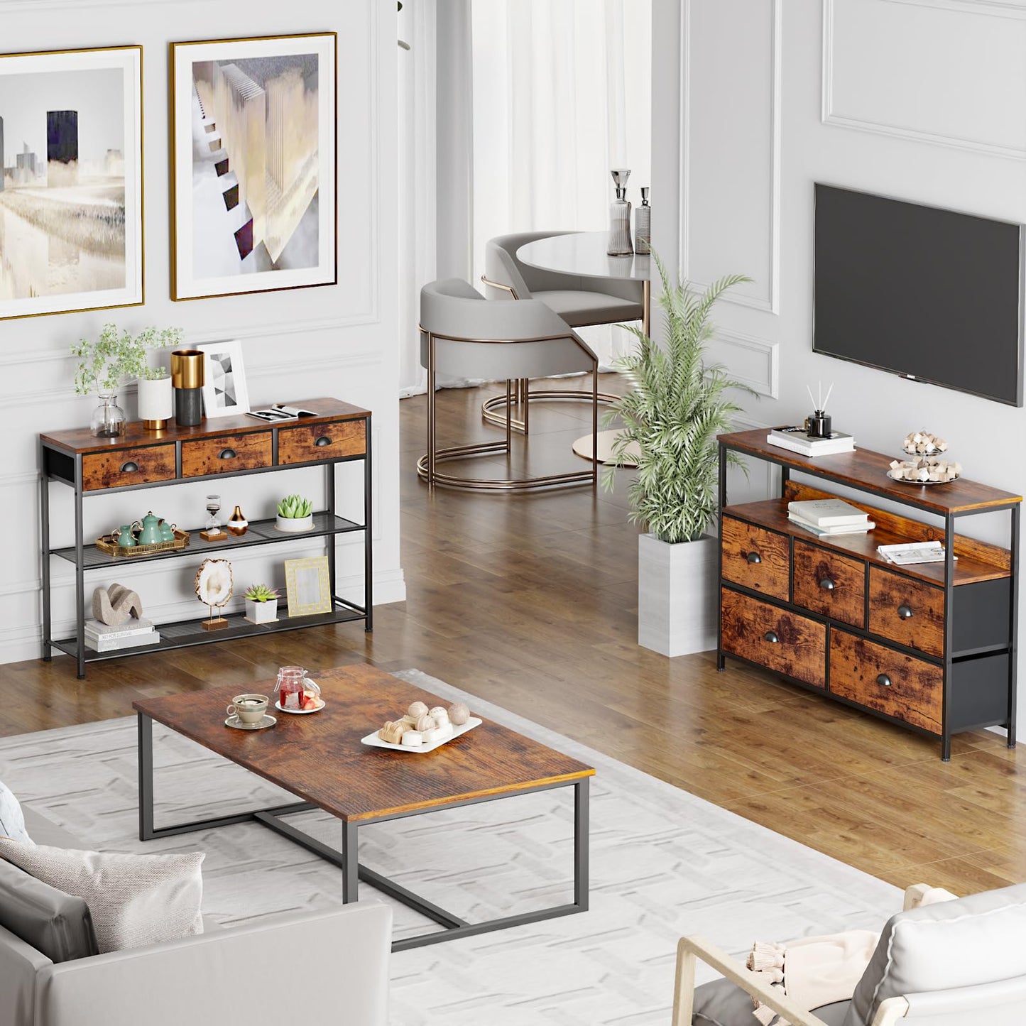 Furologee Entryway Table, 38'' Console Sofa Table with 3 Fabric Drawers, Industrial Entry Way Table with Storage Shelves, Display Shelf for Living Room, Hallway, Entrance, Foyer, Rustic Brown