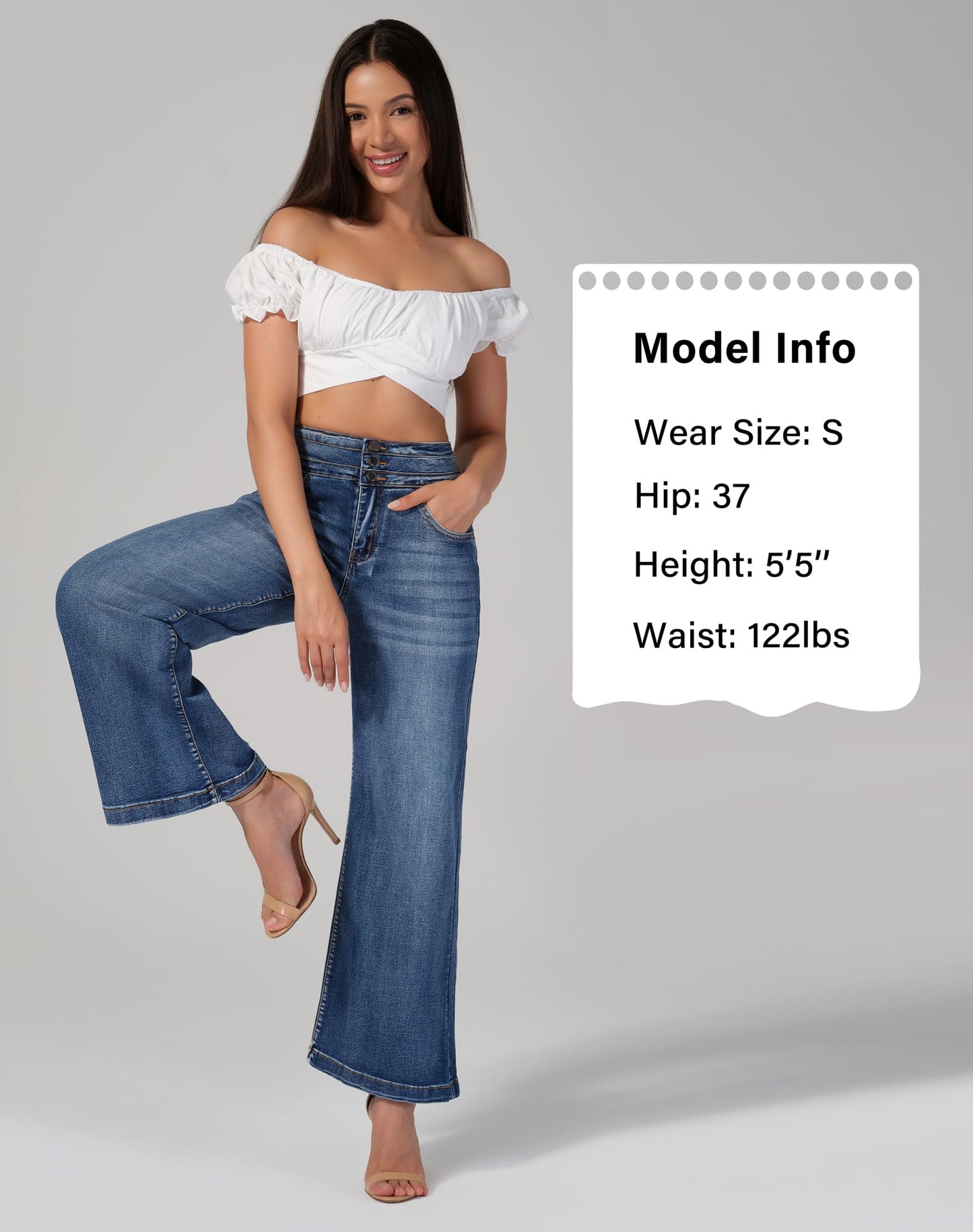 roswear Women’s Wide Leg Jeans Casual High Waisted Stretch Baggy Loose Denim Pants 104 Blue Large