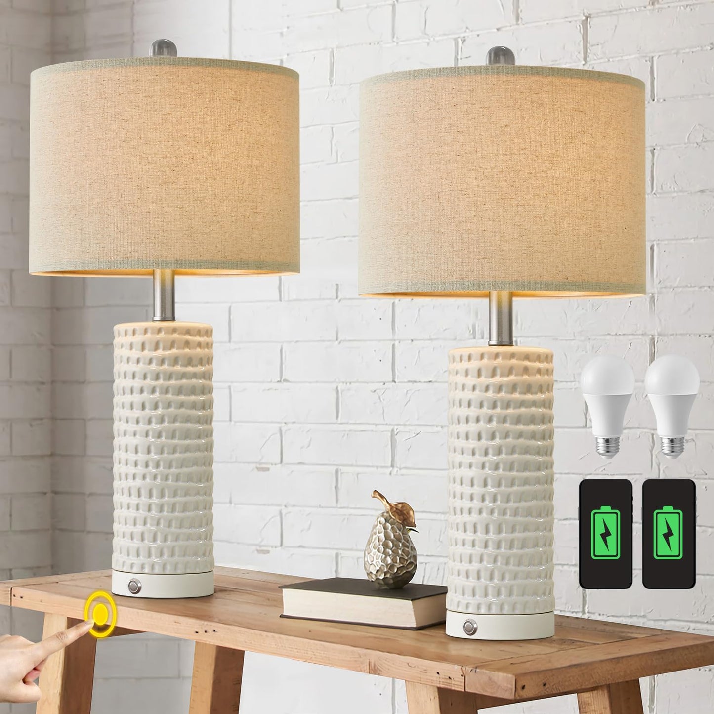 PORTRES 24" Farmhouse 3-Way Dimmable Touch Ceramic Table Lamp Set of 2 for Bedroom White Bedside Lamps with USB A+C Charging Ports for Living Room Nightstand Lamp End Table Lamps(2 Bulbs Included)