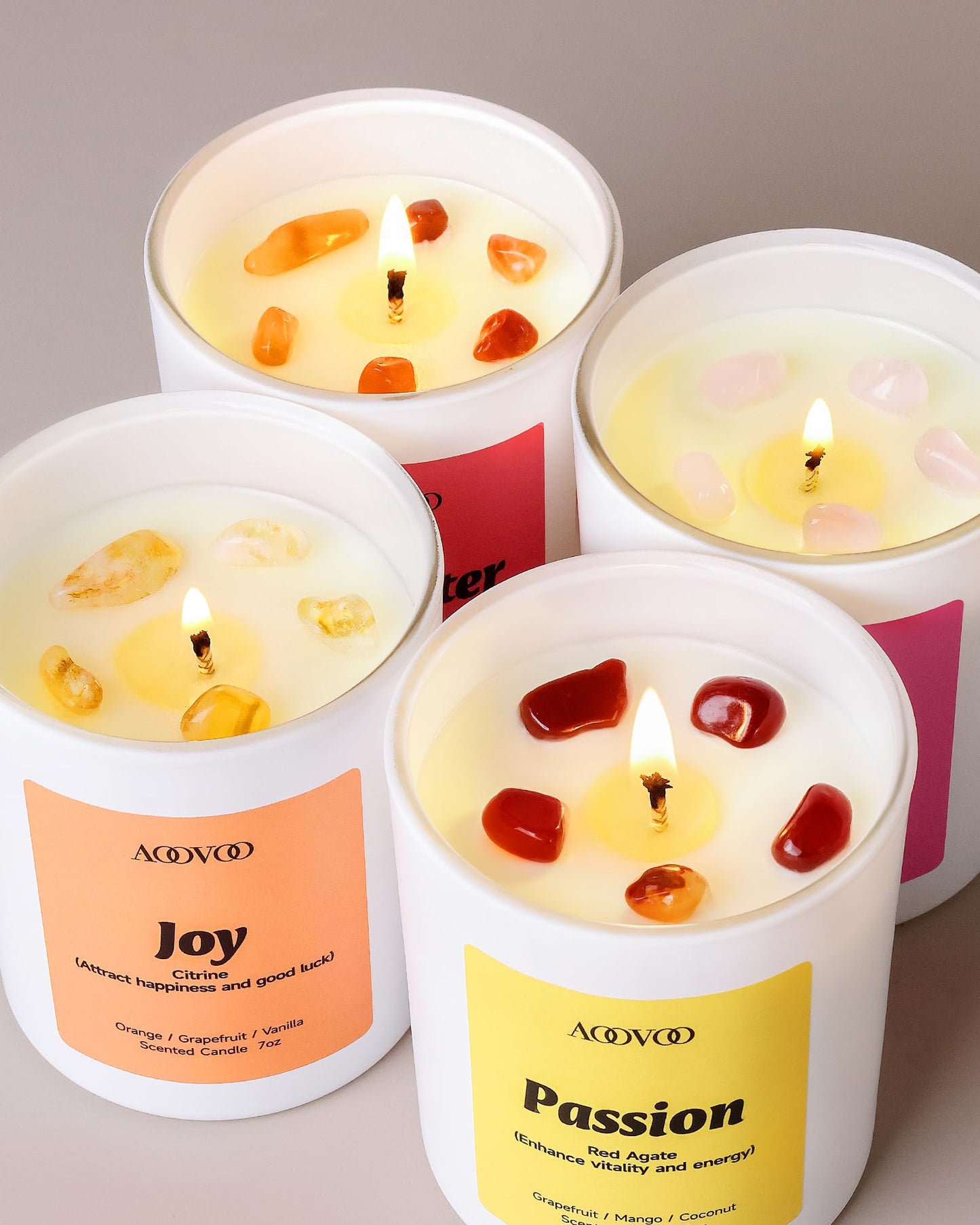 AOOVOO Energy Candles Set for Women - 4 Pack Candles for Home Scented, 28 oz 200 Hour Burn, Aromatherapy Candle with Crystals, Laughter Red Quartz/Love Rose Quartz/Joy Citrine/Passion Red Agate