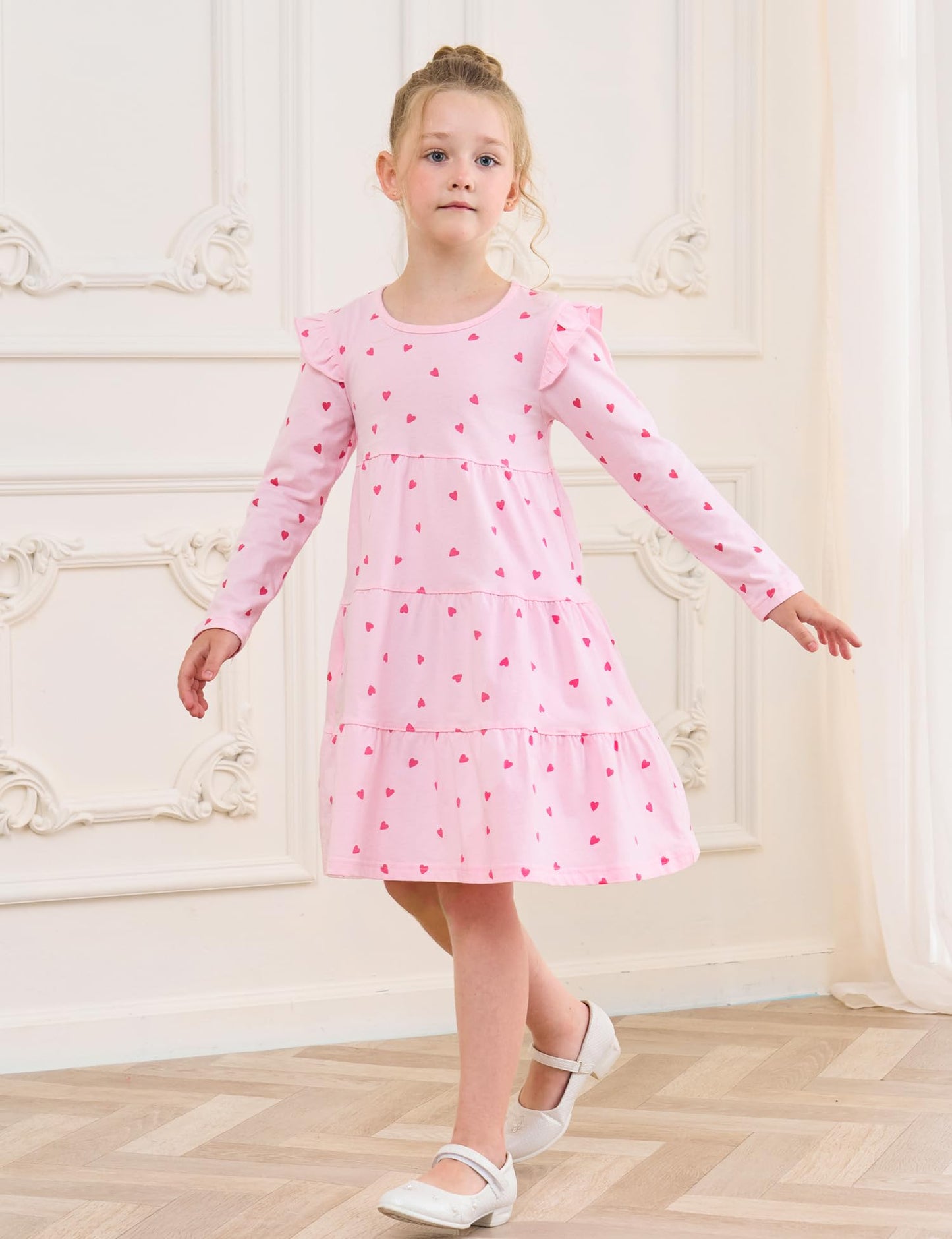 Bumeex Tween Kids Big Girl's Girl Dress Fall Spring Winter Long Sleeve School Cotton Valentines Casual A-Line Dresses Outfits Clothing Clothes Vestido para Niña Pink Heart 10-11 Years
