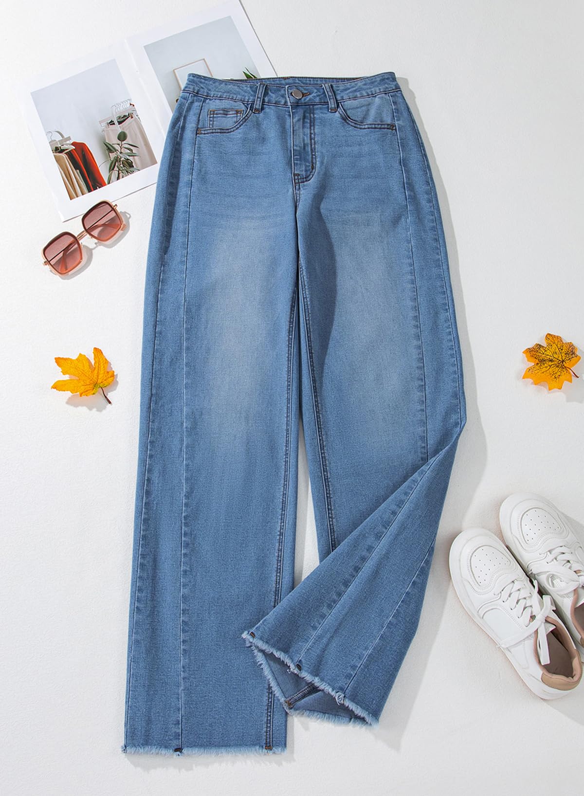 Sidefeel Women's Wide Leg Jeans High Waisted Stretchy Raw Hem Denim Pants Size 12 Blue